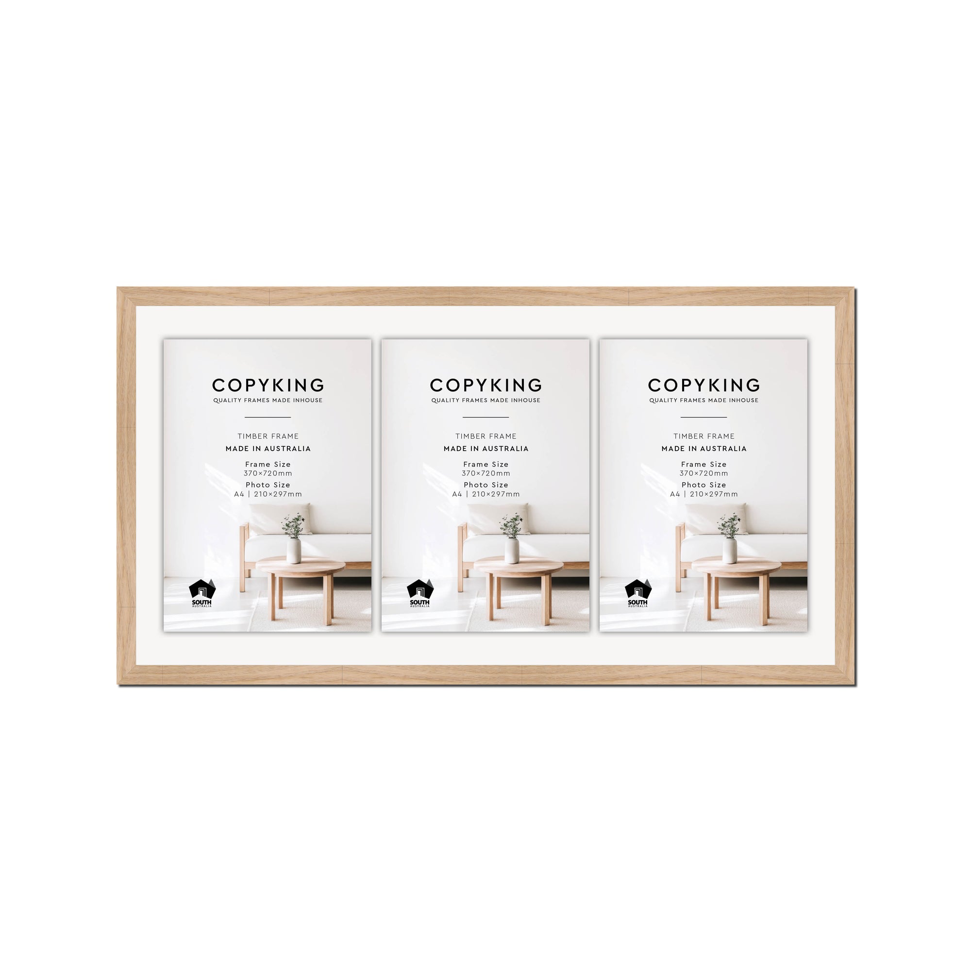 Australian Oak 20mm Wood Certificate Frame - 370mm x 720mm - 3 Certificates (A4)