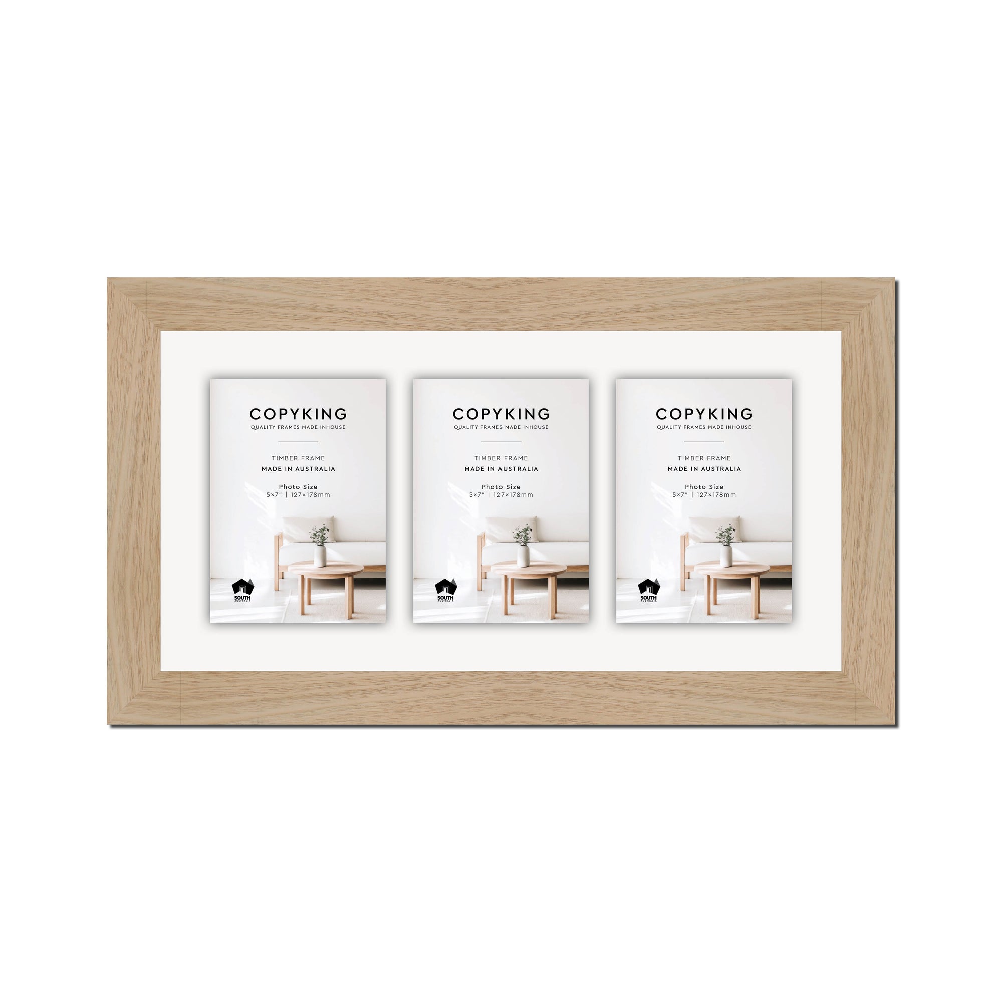 Australian Oak 40mm Wood Collage Photo Frame - 10" x 20" - 3 Photos (5" x 7")