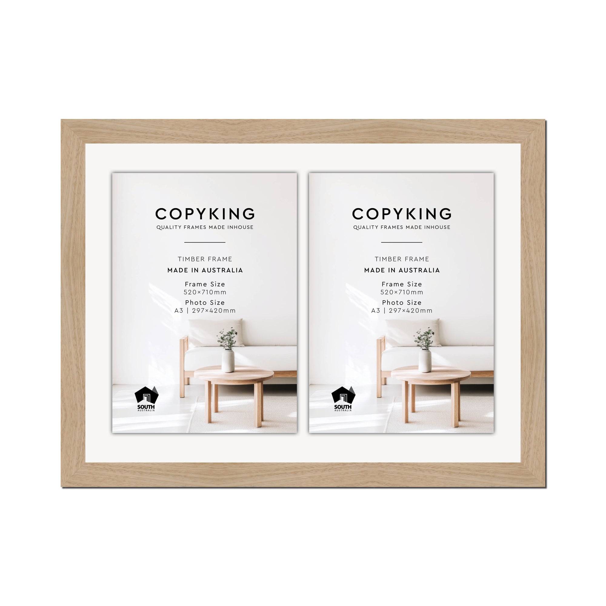 Australian Oak 40mm Wood Certificate Frame - 520mm x 710mm - 2 Certificates (A3)