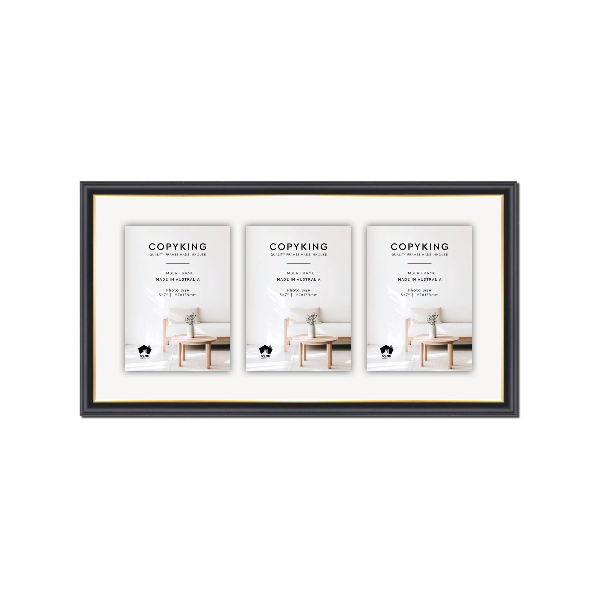 Black/Gold 20mm Wood Collage Photo Frame - 10" x 20" - 3 Photos (5" x 7")