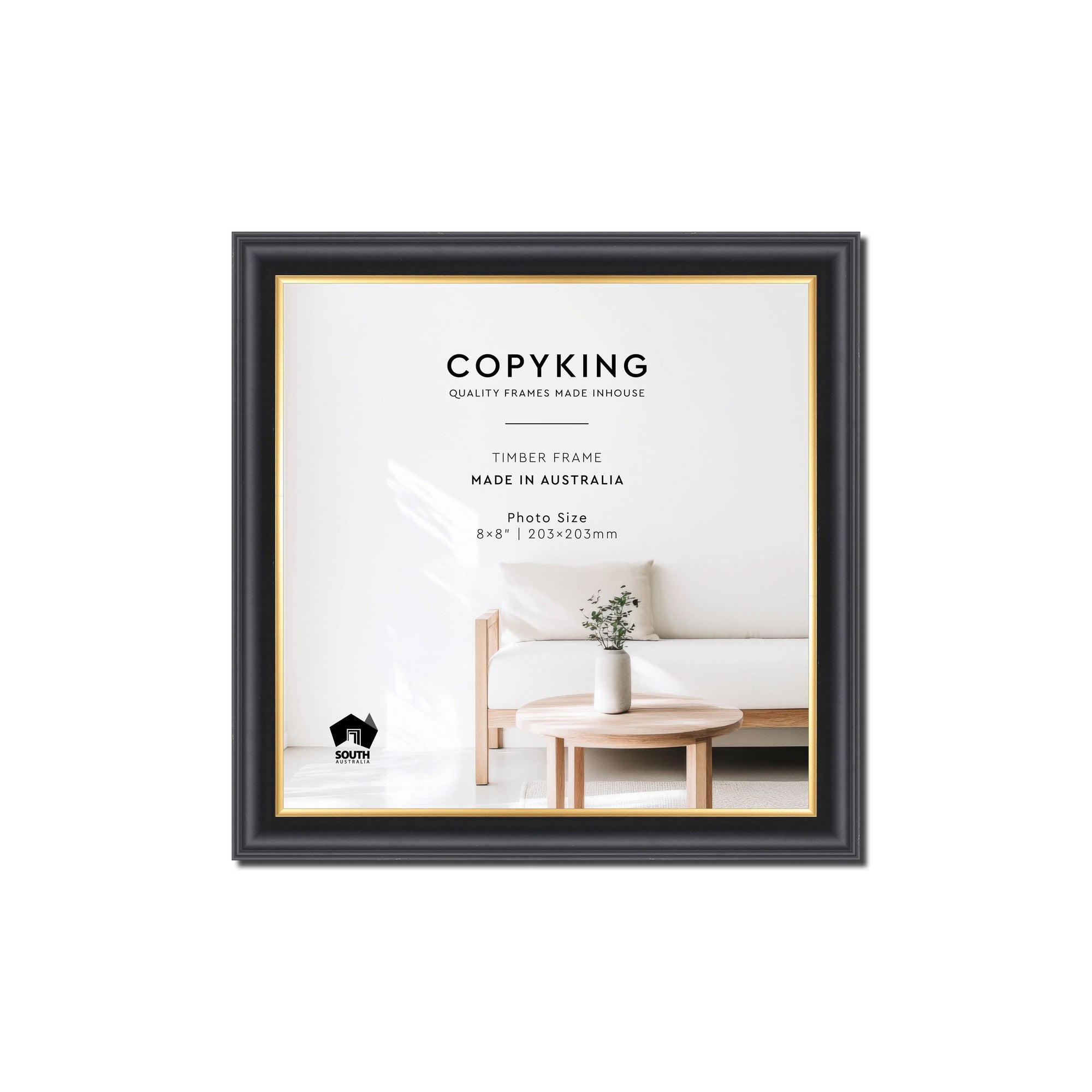 Black/Gold 20mm Wood Square Photo Frame - 8" x 8" (203mm x 203mm)