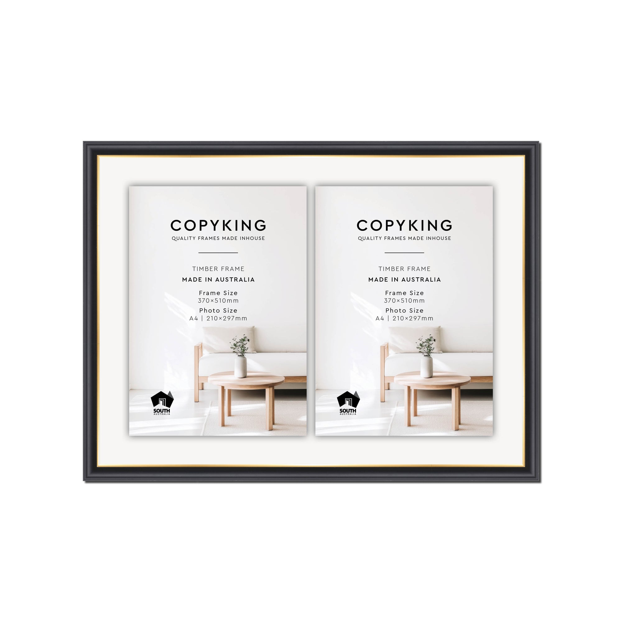 Black/Gold 20mm Wood Certificate Frame - 370mm x 510mm - 2 Certificates (A4)