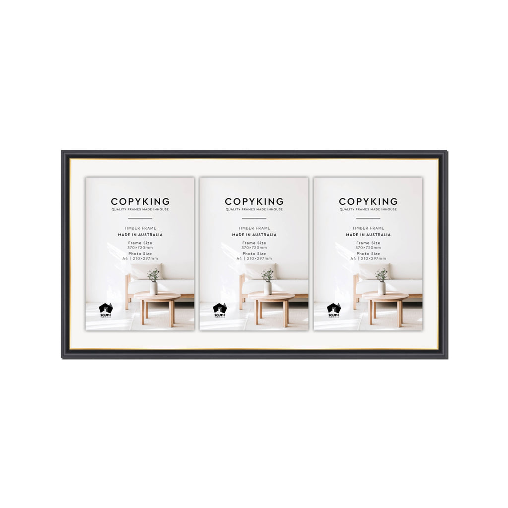 Black/Gold 20mm Wood Certificate Frame - 370mm x 720mm - 3 Certificates (A4)