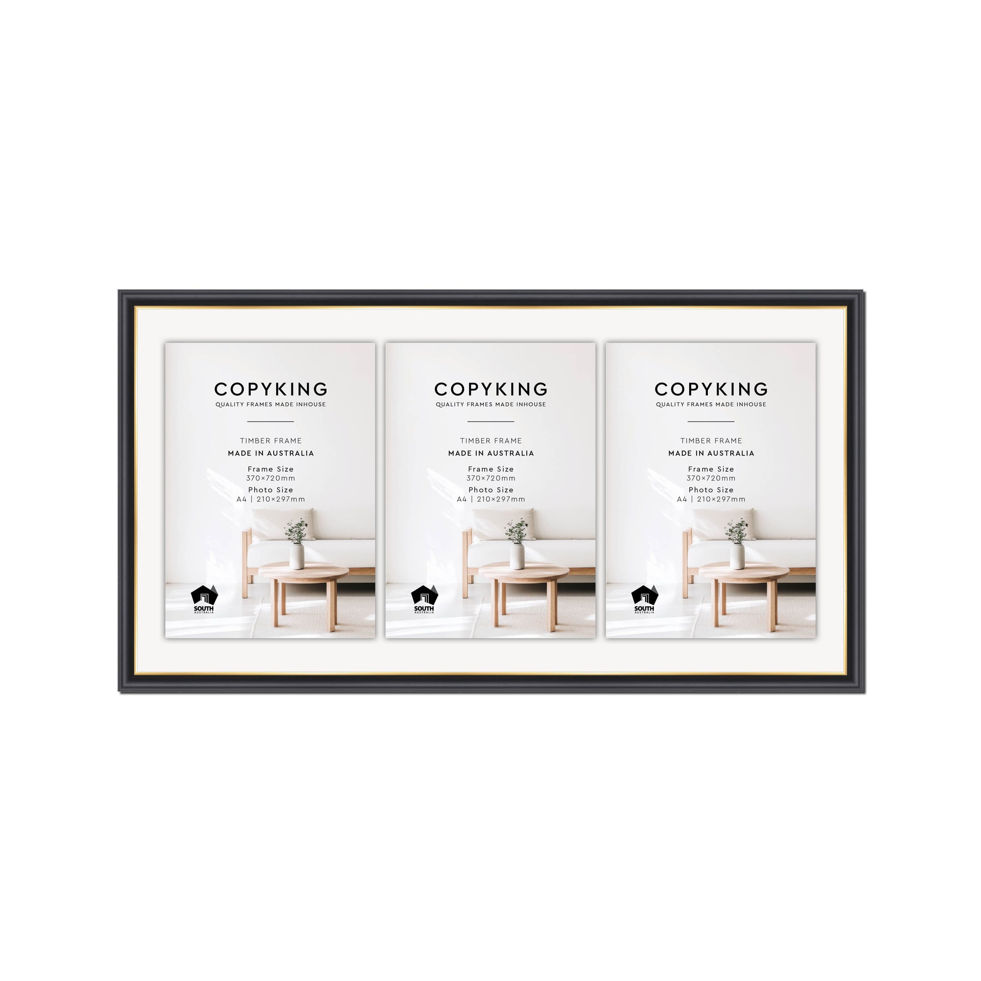 Black/Gold 20mm Wood Certificate Frame - 370mm x 720mm - 3 Certificates (A4)