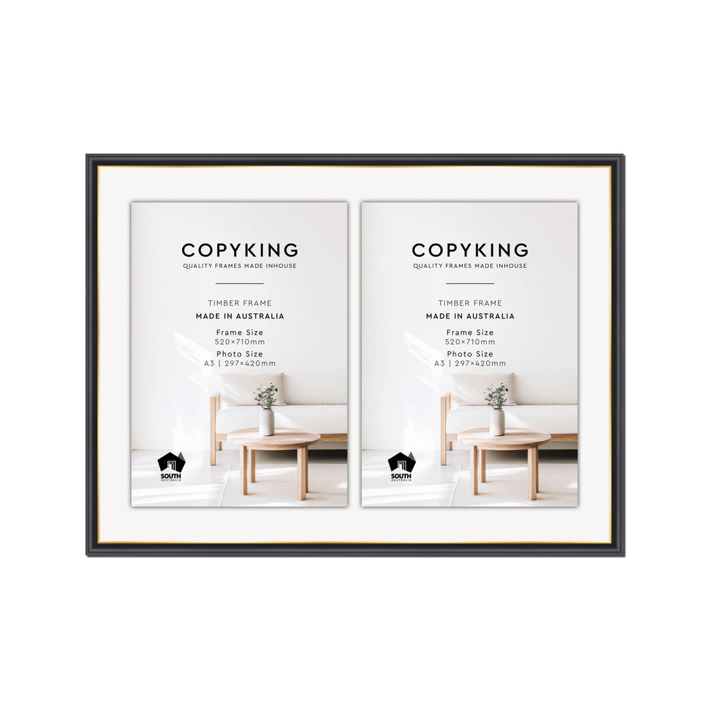 Black/Gold 20mm Wood Certificate Frame - 520mm x 710mm - 2 Certificates (A3)