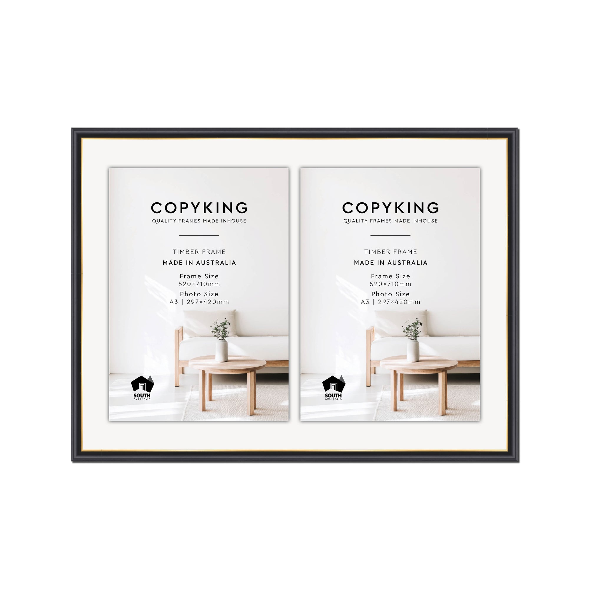 Black/Gold 20mm Wood Certificate Frame - 520mm x 710mm - 2 Certificates (A3)