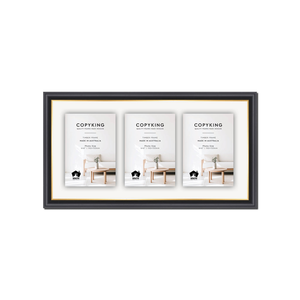 Black/Gold 20mm Wood Collage Photo Frame - 8" x 16" - 3 Photos (4" x 6")