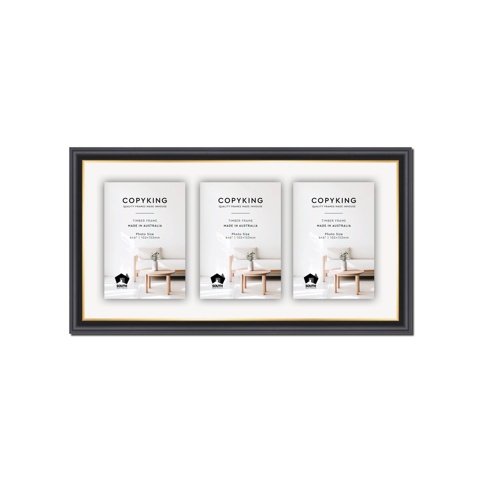 Black/Gold 20mm Wood Collage Photo Frame - 8" x 16" - 3 Photos (4" x 6")
