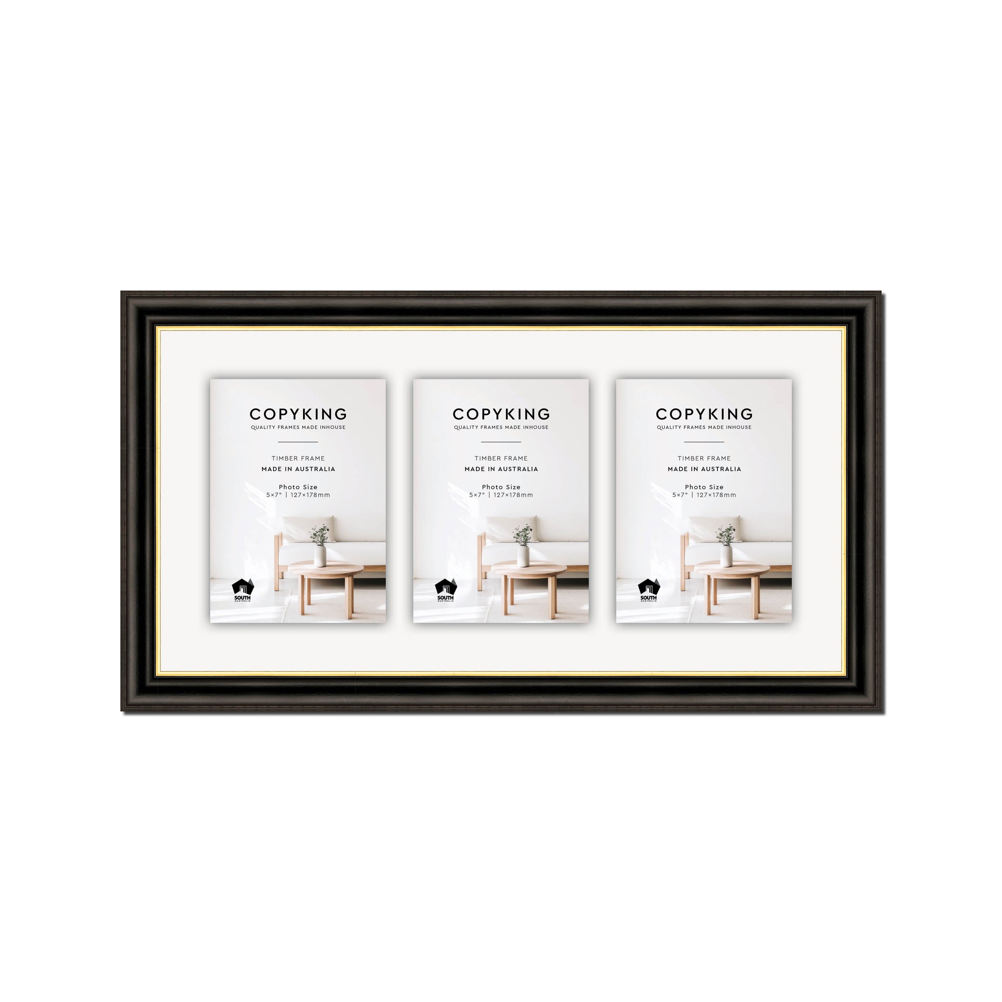 Black/Gold 30mm Wood Collage Photo Frame - 10" x 20" - 3 Photos (5" x 7")
