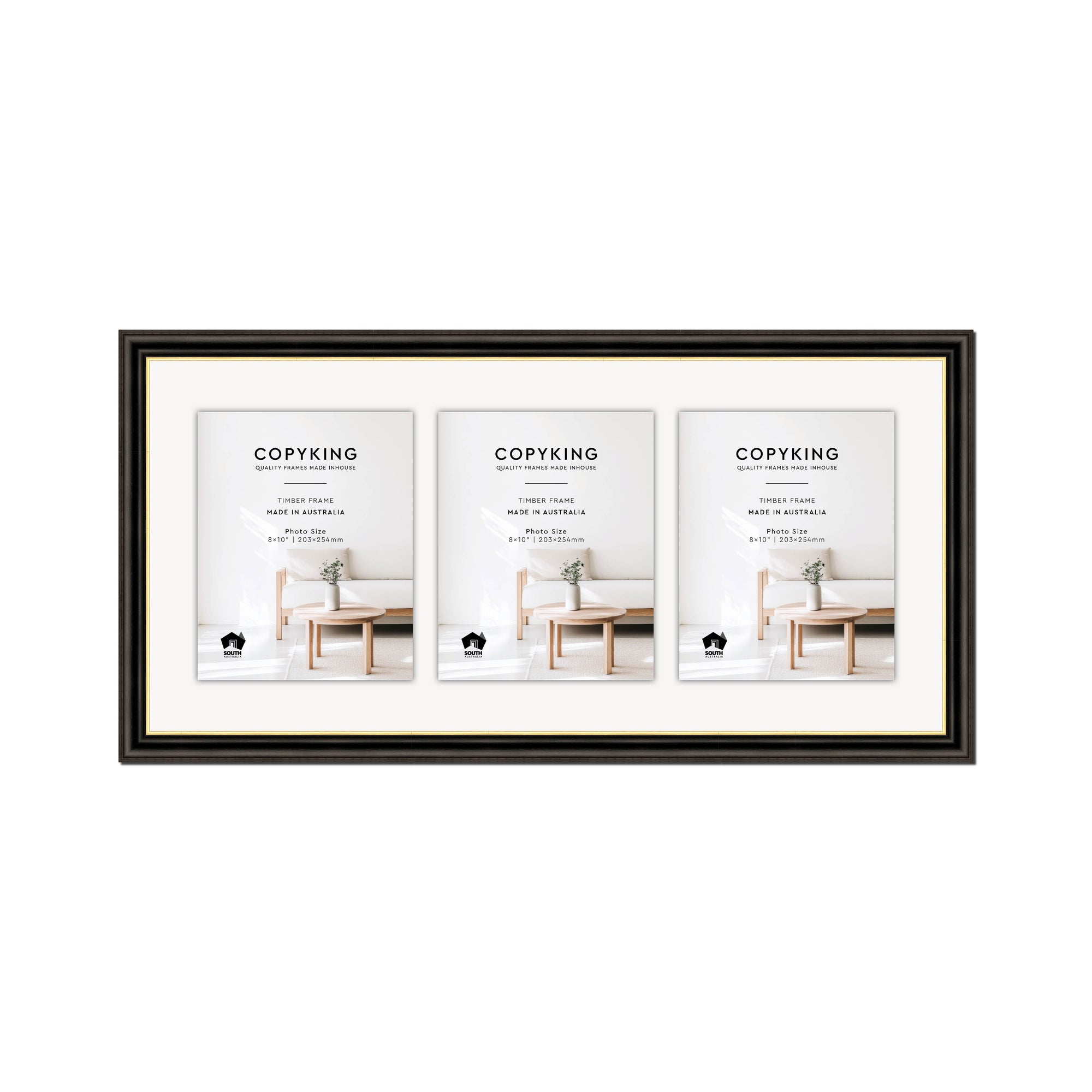 Black/Gold 30mm Wood Collage Photo Frame - 14" x 30" - 3 Photos (8" x 10")