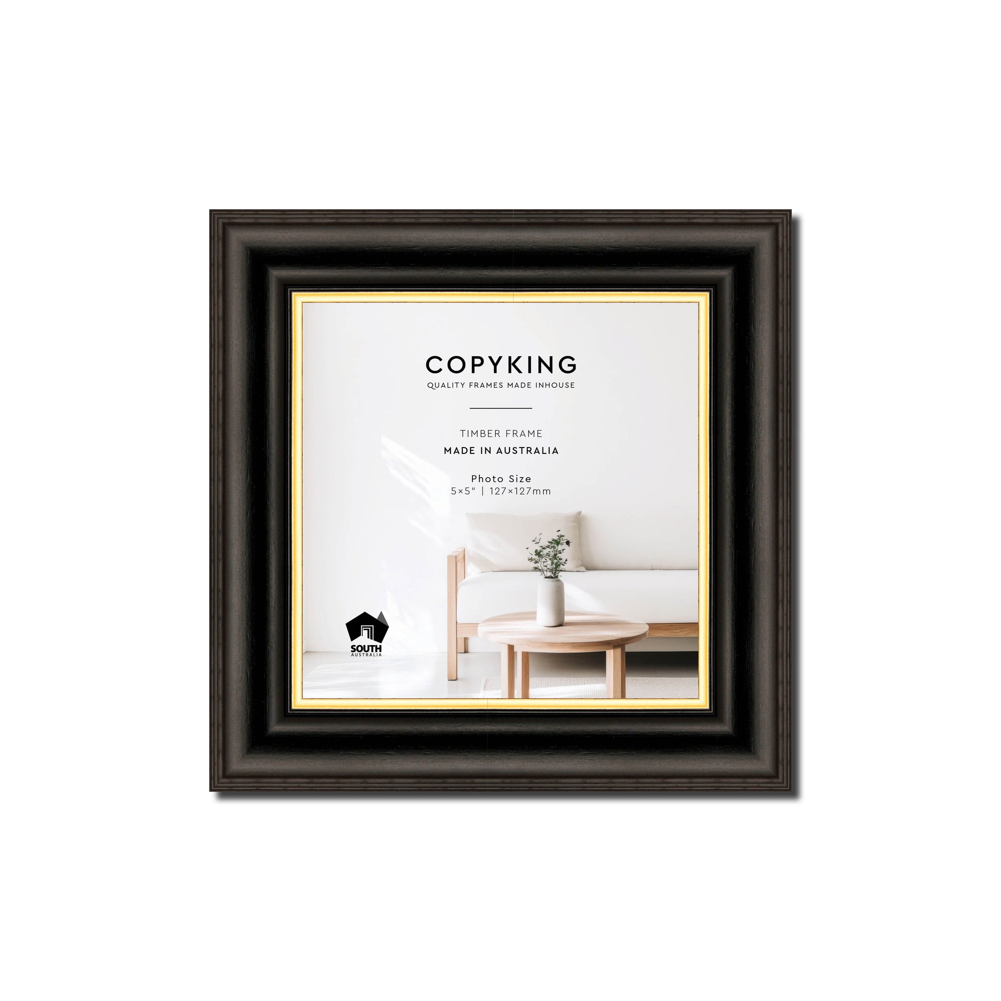 Black/Gold 30mm Wood Square Photo Frame - 5" x 5" (127mm x 127mm)