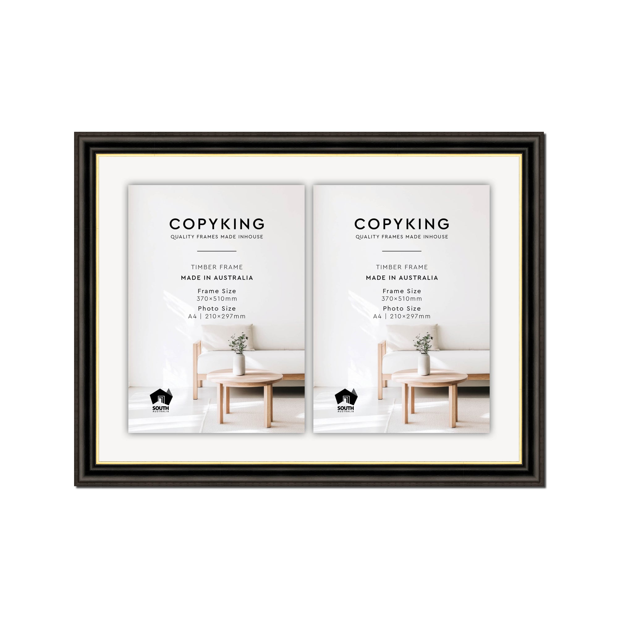 Black/Gold 30mm Wood Certificate Frame - 370mm x 510mm - 2 Certificates (A4)