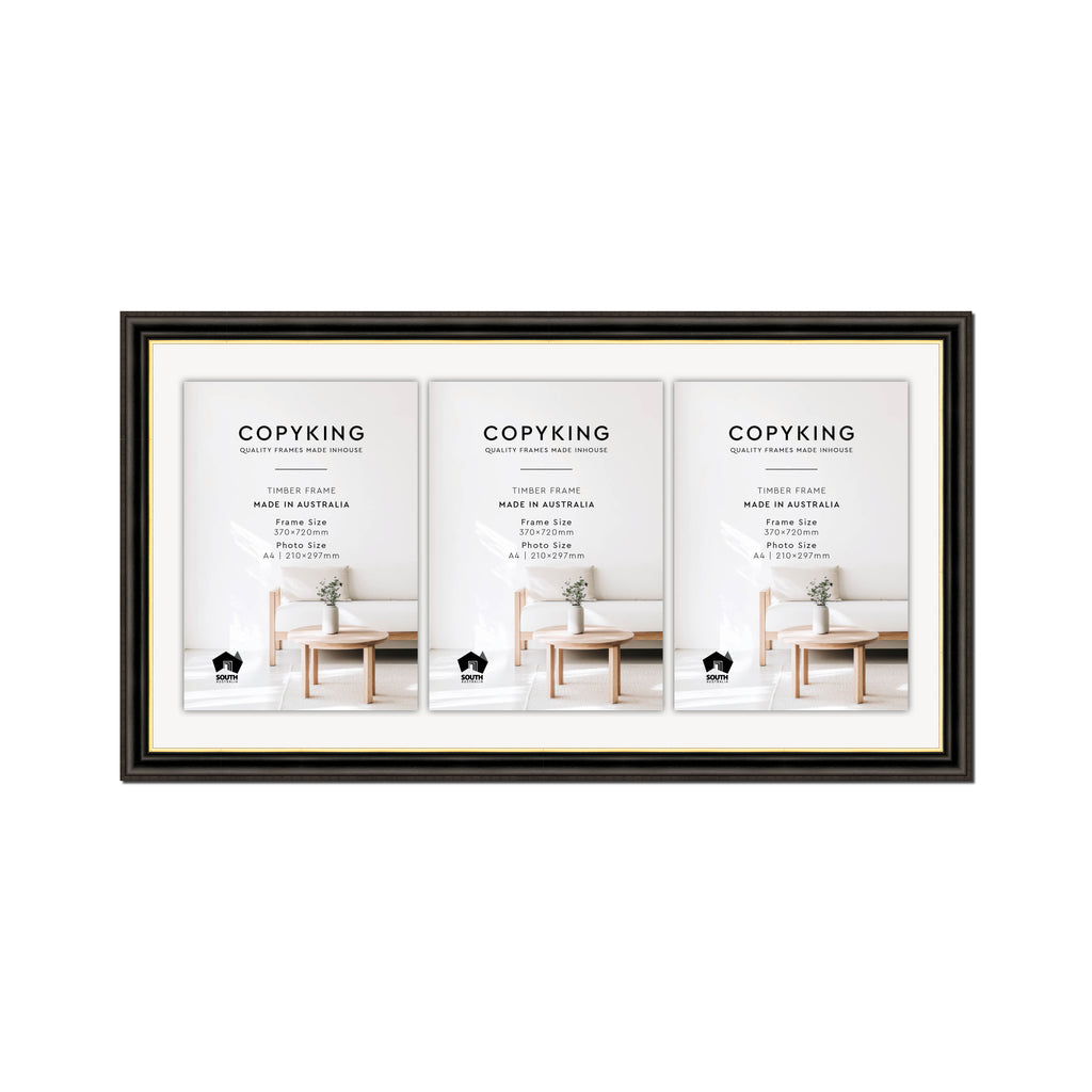 Black/Gold 30mm Wood Certificate Frame - 370mm x 720mm - 3 Certificates (A4)