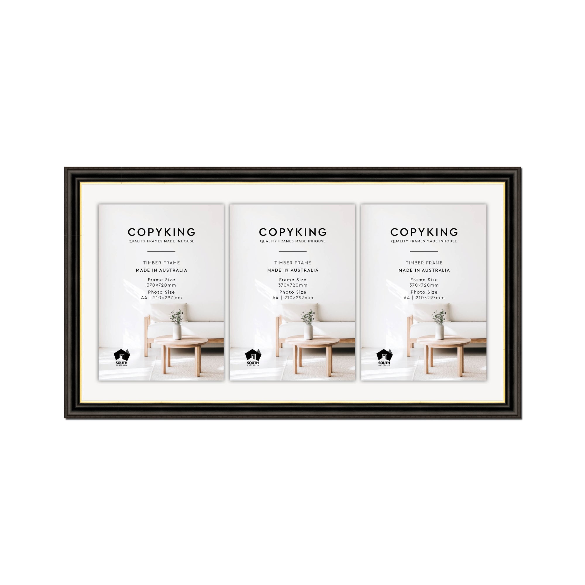 Black/Gold 30mm Wood Certificate Frame - 370mm x 720mm - 3 Certificates (A4)