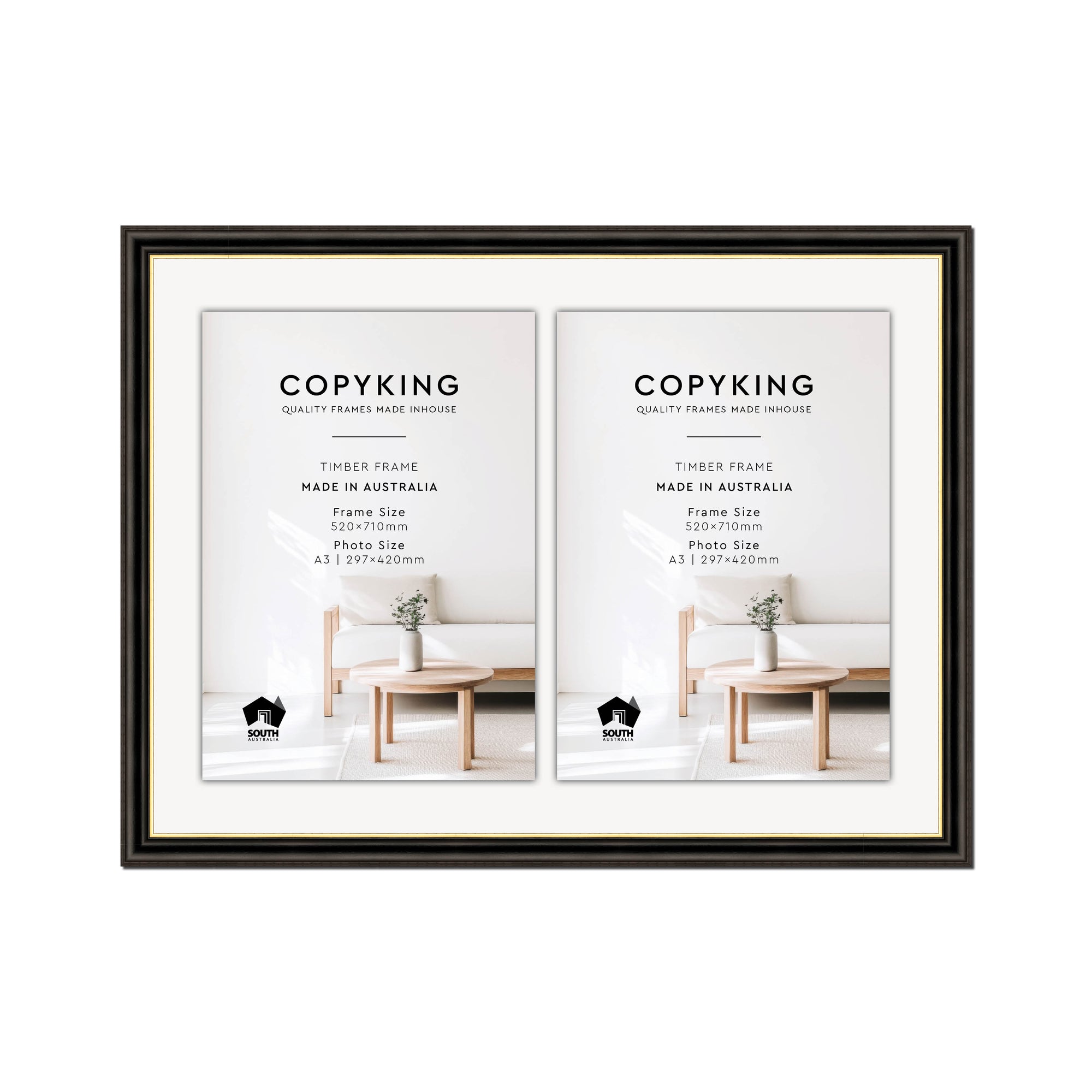 Black/Gold 30mm Wood Certificate Frame - 520mm x 710mm - 2 Certificates (A3)