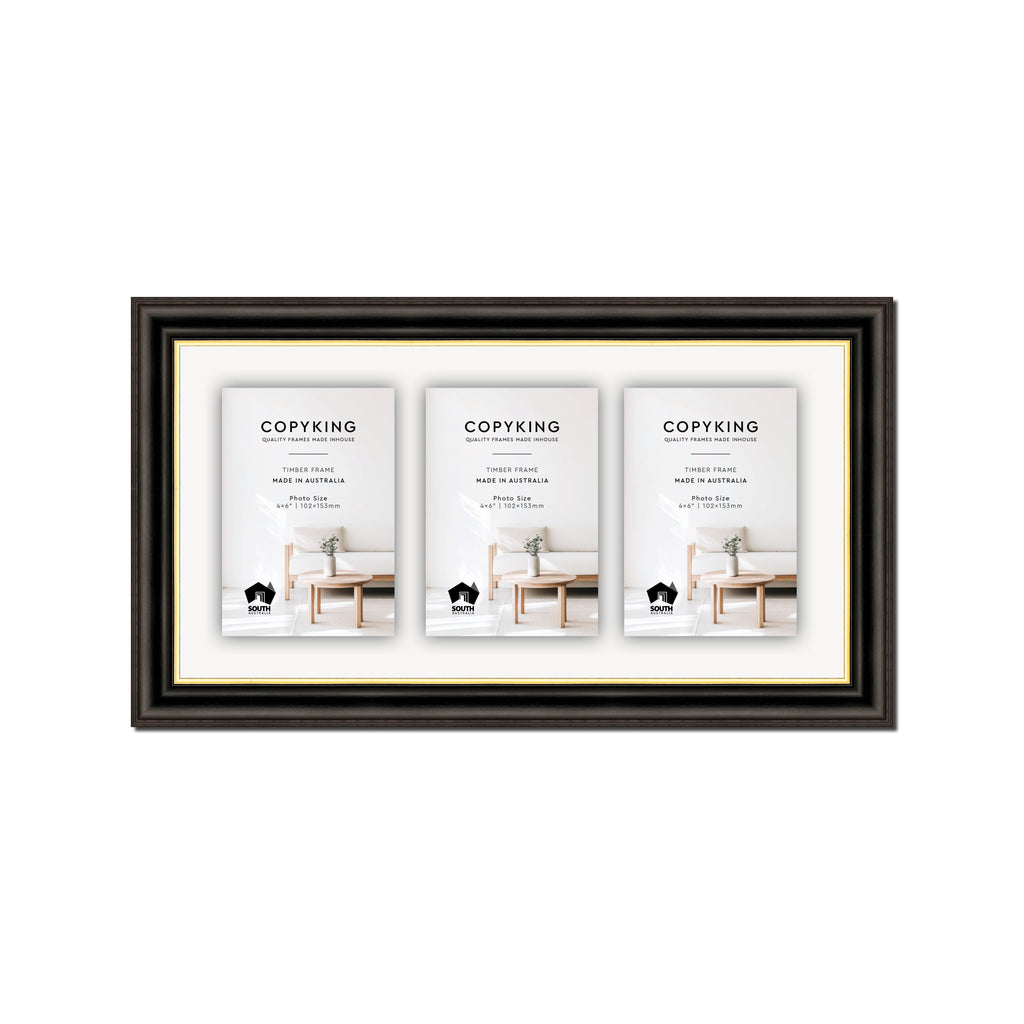 Black/Gold 30mm Wood Collage Photo Frame - 8" x 16" - 3 Photos (4" x 6")