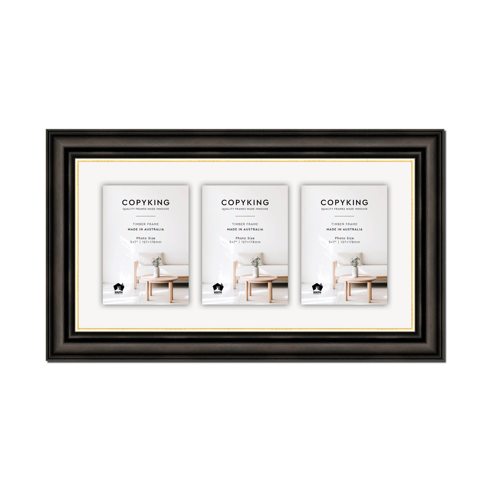 Black/Gold 50mm Wood Collage Photo Frame - 10" x 20" - 3 Photos (5" x 7")