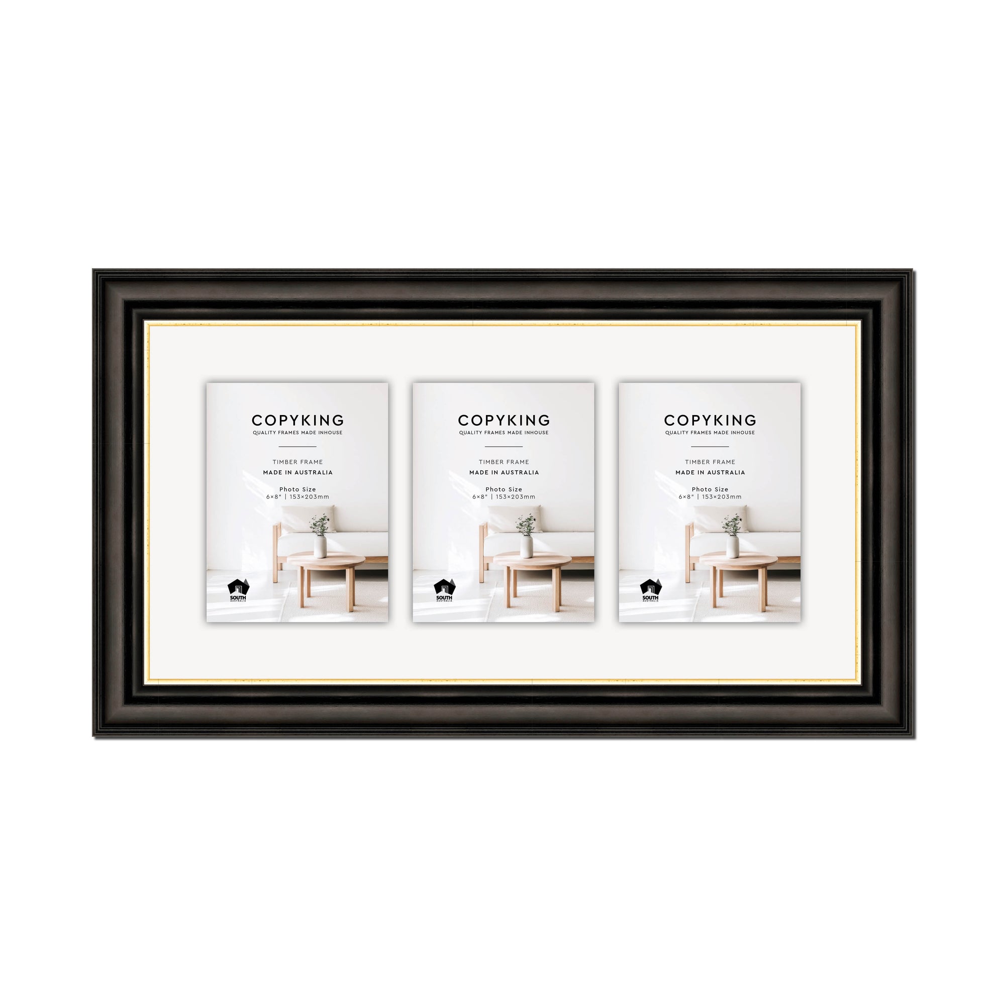 Black/Gold 50mm Wood Collage Photo Frame - 12" x 24" - 3 Photos (6" x 8")