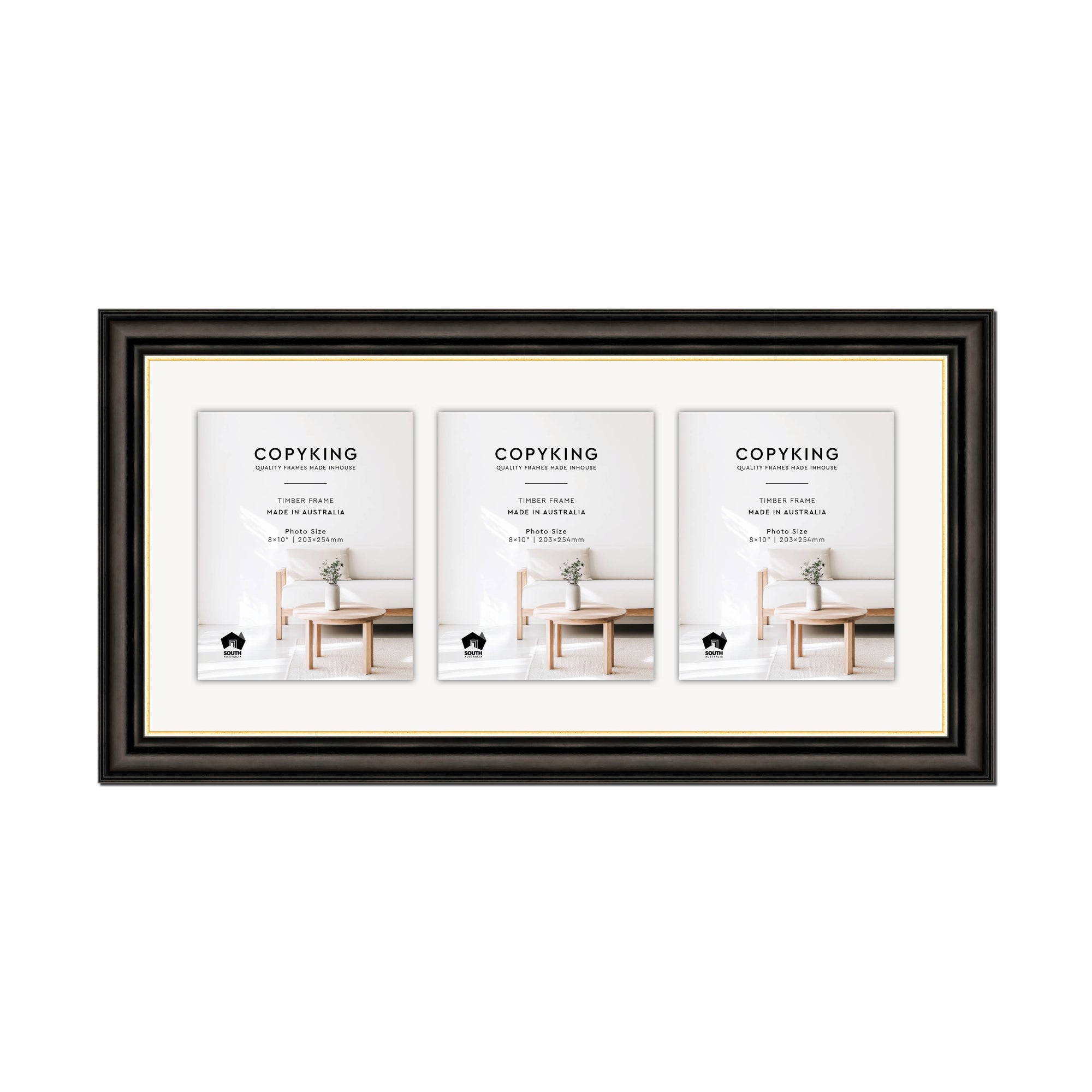 Black/Gold 50mm Wood Collage Photo Frame - 14" x 30" - 3 Photos (8" x 10")