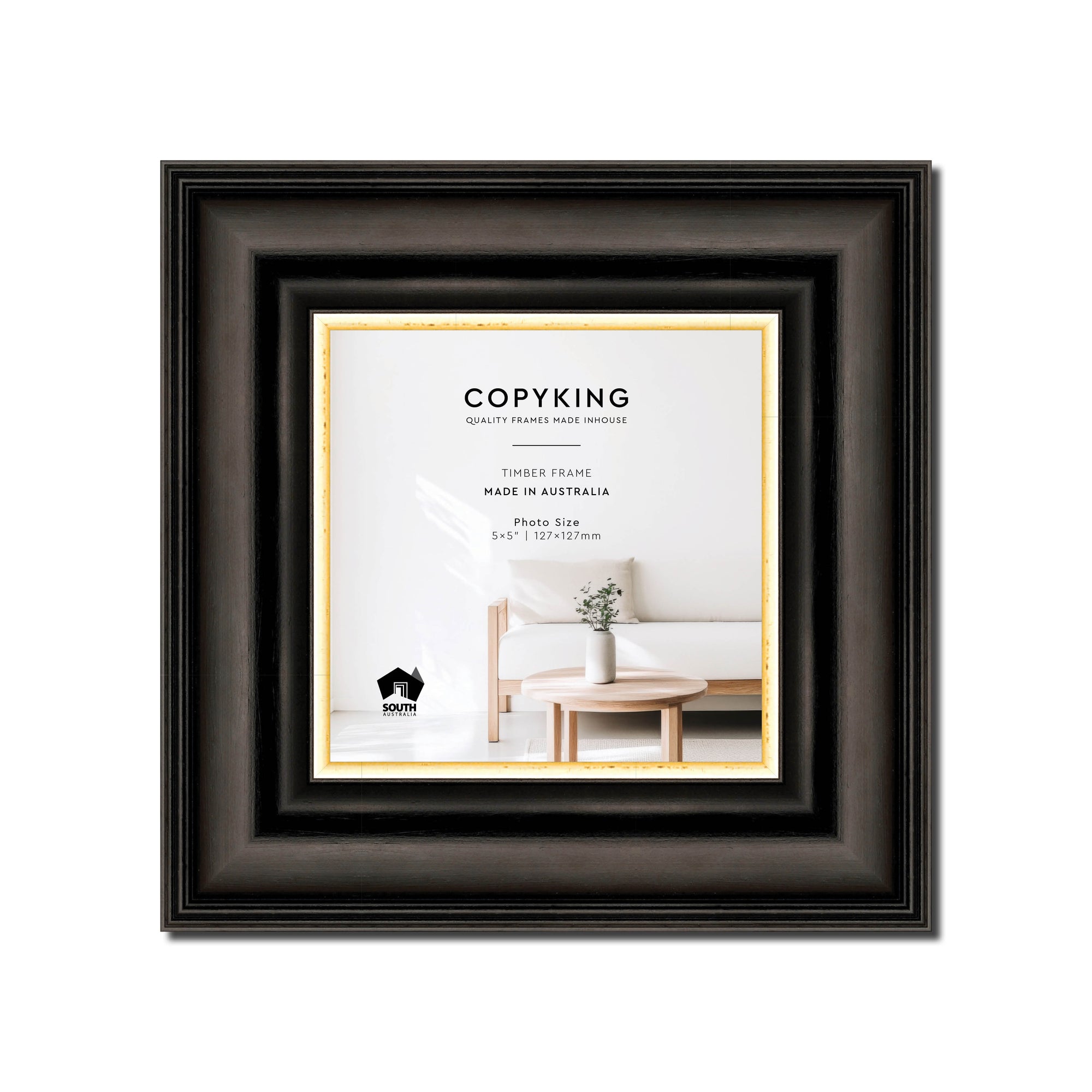 Black/Gold 50mm Wood Square Photo Frame - 5" x 5" (127mm x 127mm)