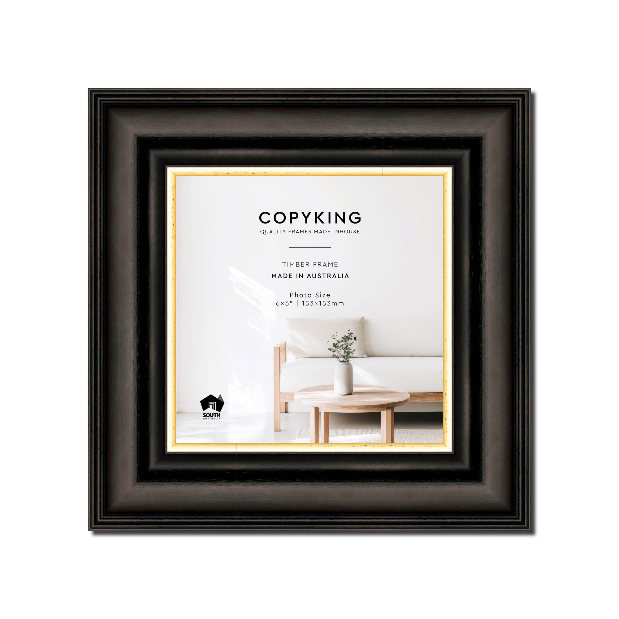 Black/Gold 50mm Wood Square Photo Frame - 6" x 6" (153mm x 153mm)