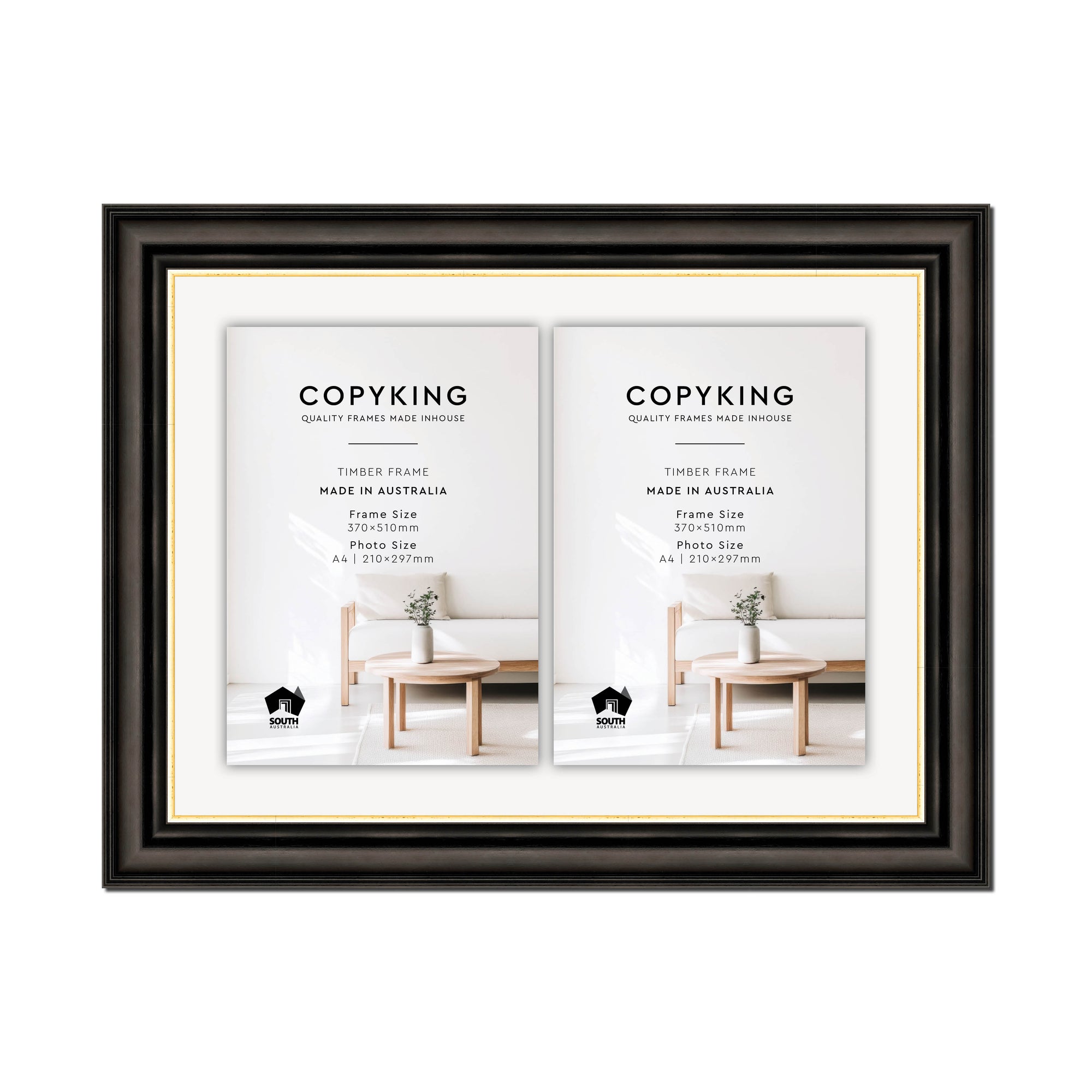 Black/Gold 50mm Wood Certificate Frame - 370mm x 510mm - 2 Certificates (A4)