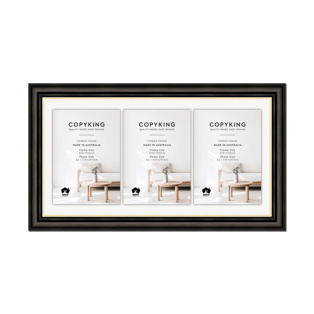 Black/Gold 50mm Wood Certificate Frame - 370mm x 720mm - 3 Certificates (A4)
