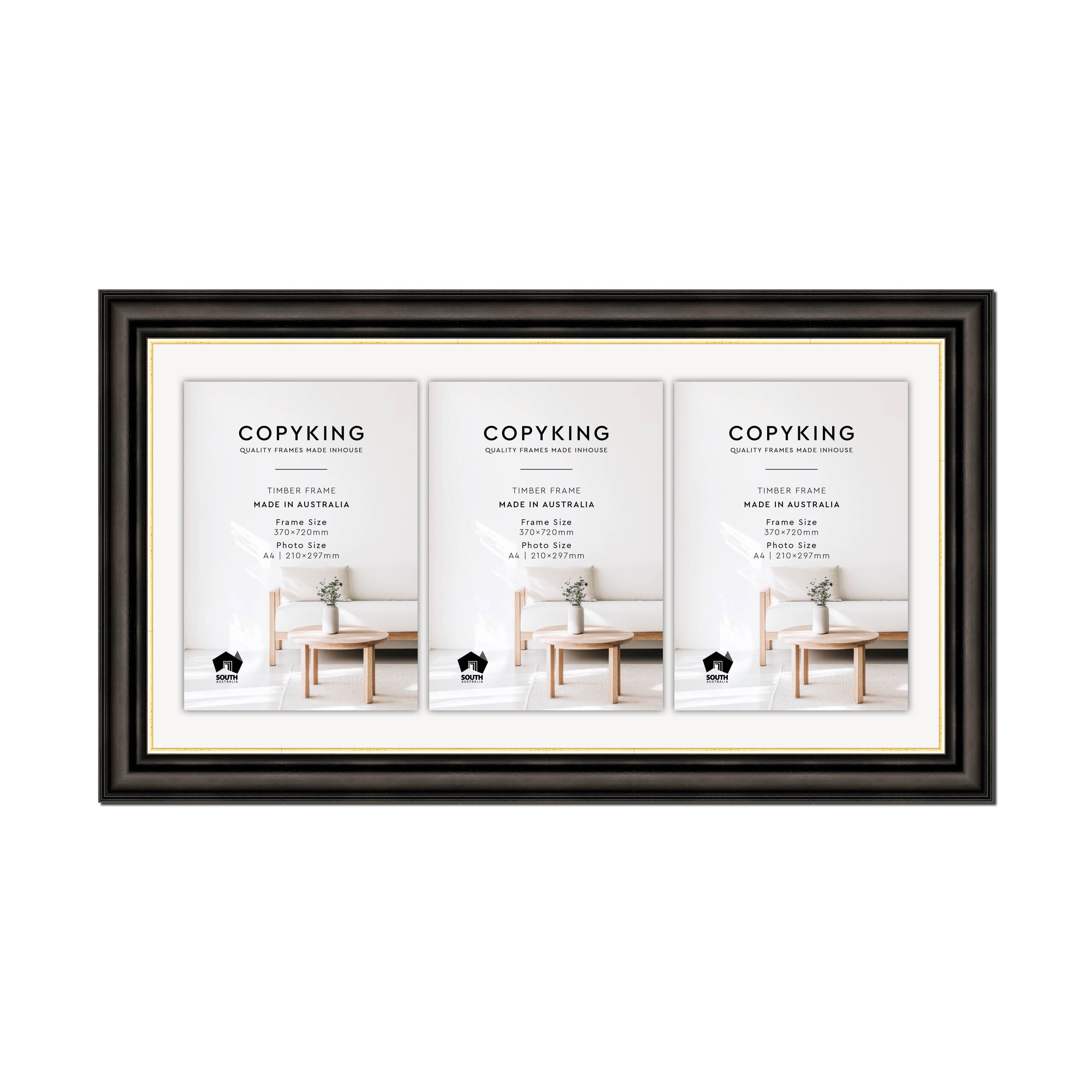 Black/Gold 50mm Wood Certificate Frame - 370mm x 720mm - 3 Certificates (A4)