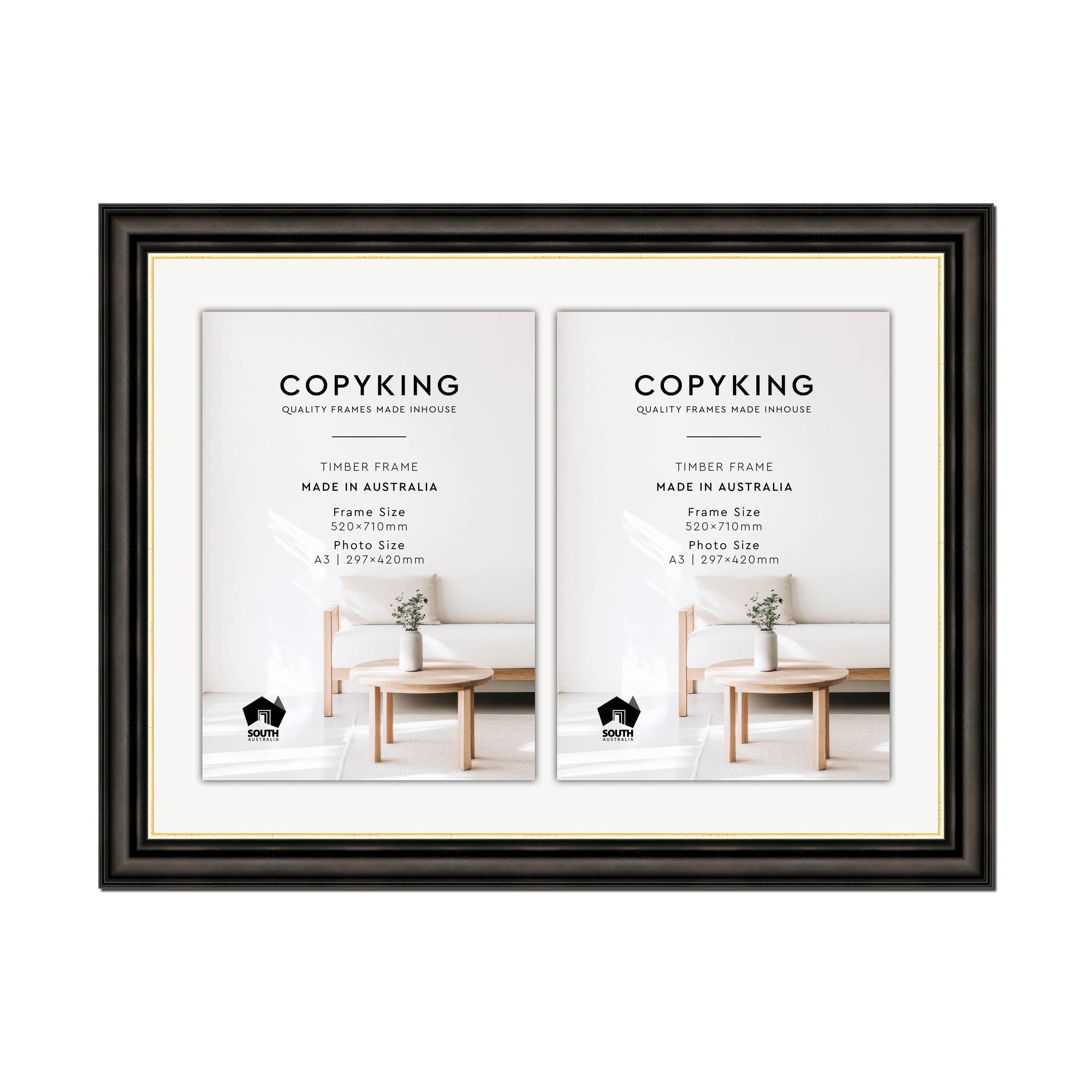 Black/Gold 50mm Wood Certificate Frame - 520mm x 710mm - 2 Certificates (A3)