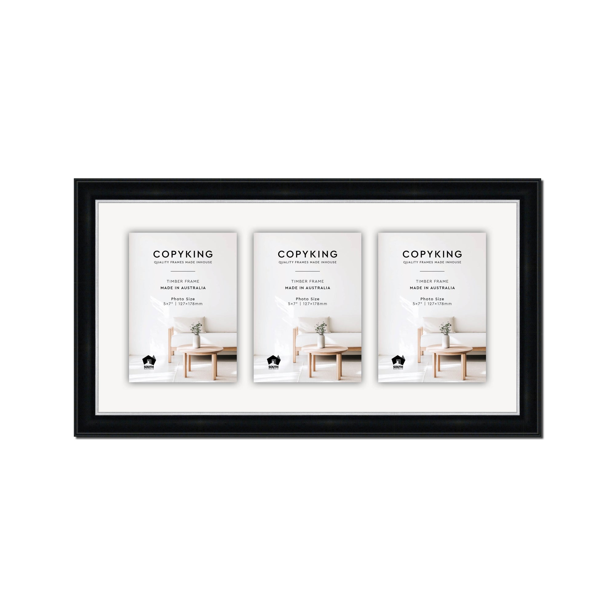 Black/Silver 30mm Wood Collage Photo Frame - 10" x 20" - 3 Photos (5" x 7")