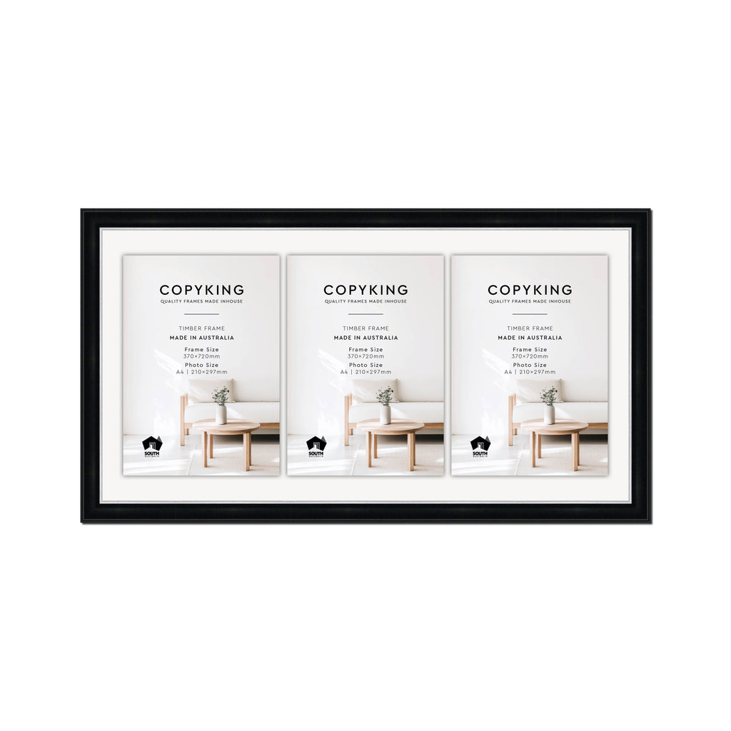 Black/Silver 30mm Wood Certificate Frame - 370mm x 720mm - 3 Certificates (A4)