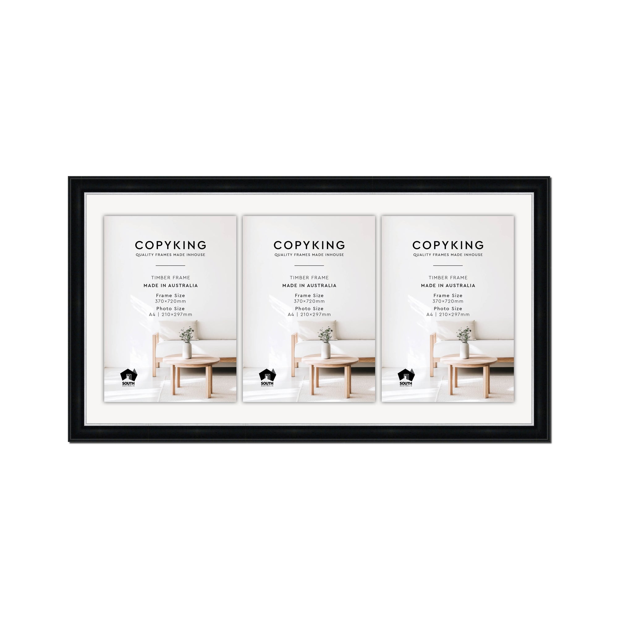 Black/Silver 30mm Wood Certificate Frame - 370mm x 720mm - 3 Certificates (A4)