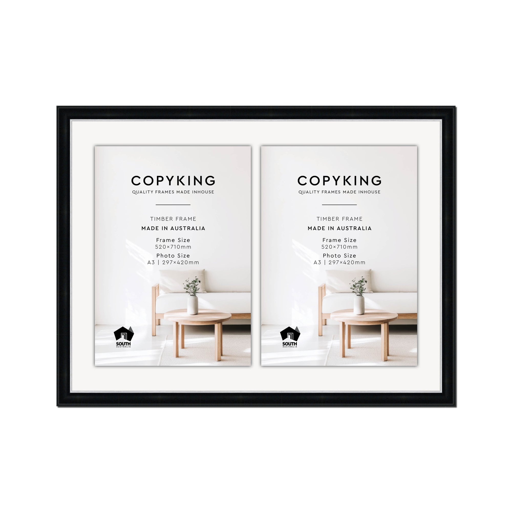 Black/Silver 30mm Wood Certificate Frame - 520mm x 710mm - 2 Certificates (A3)