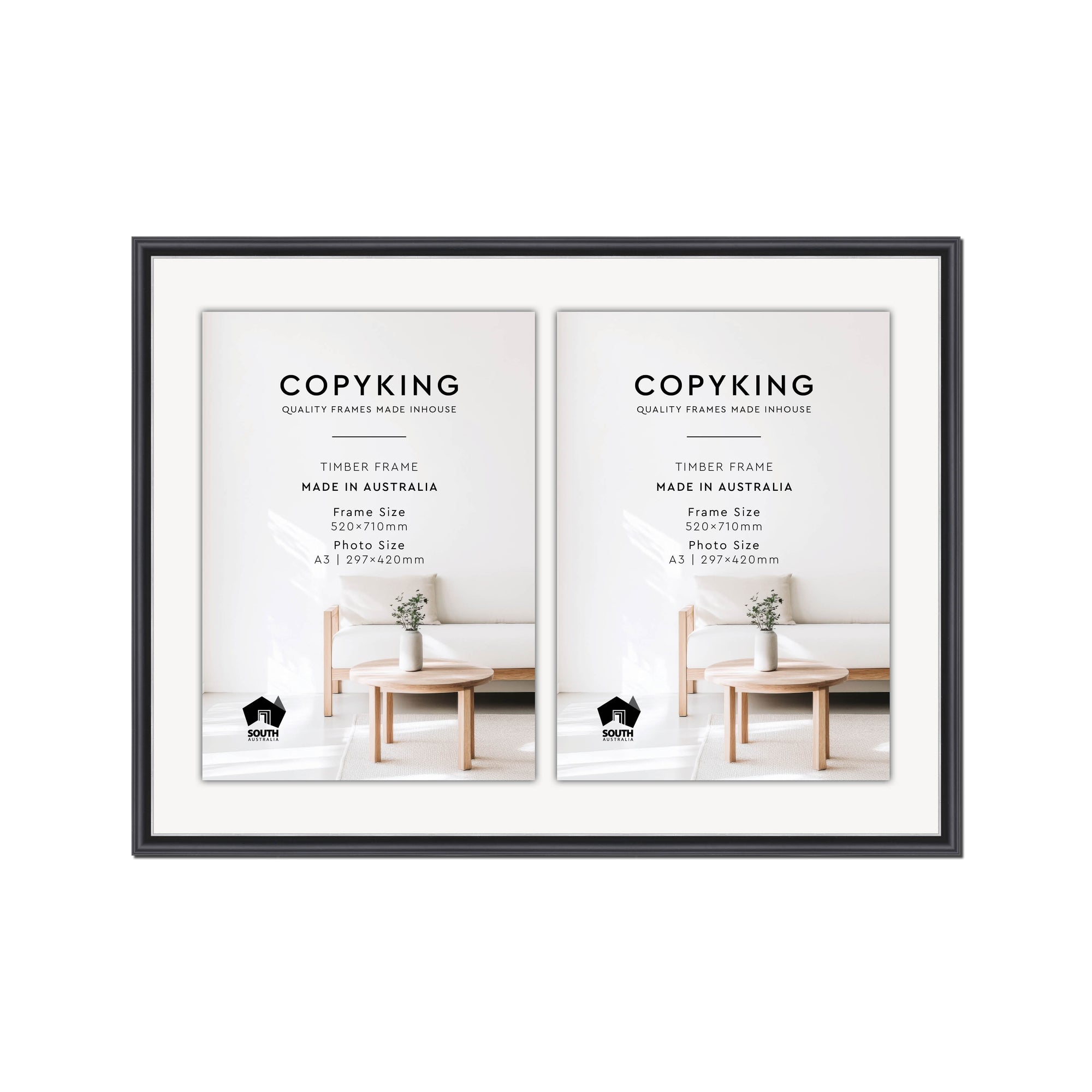 Black/Silver 20mm Wood Certificate Frame - 520mm x 710mm - 2 Certificates (A3)