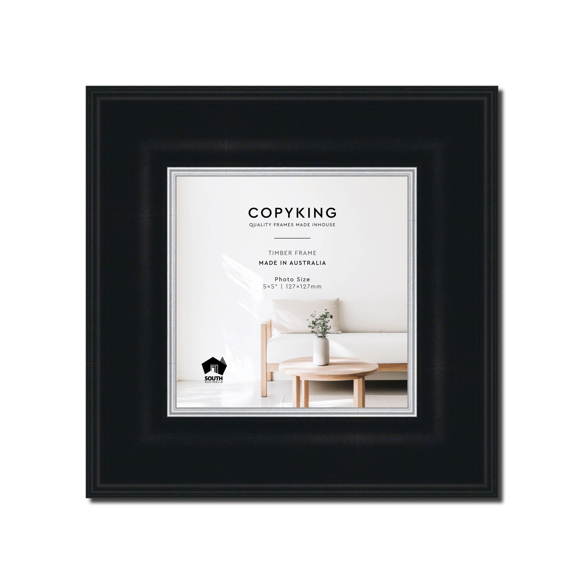 Black/Silver 50mm Wood Square Photo Frame - 5" x 5" (127mm x 127mm)