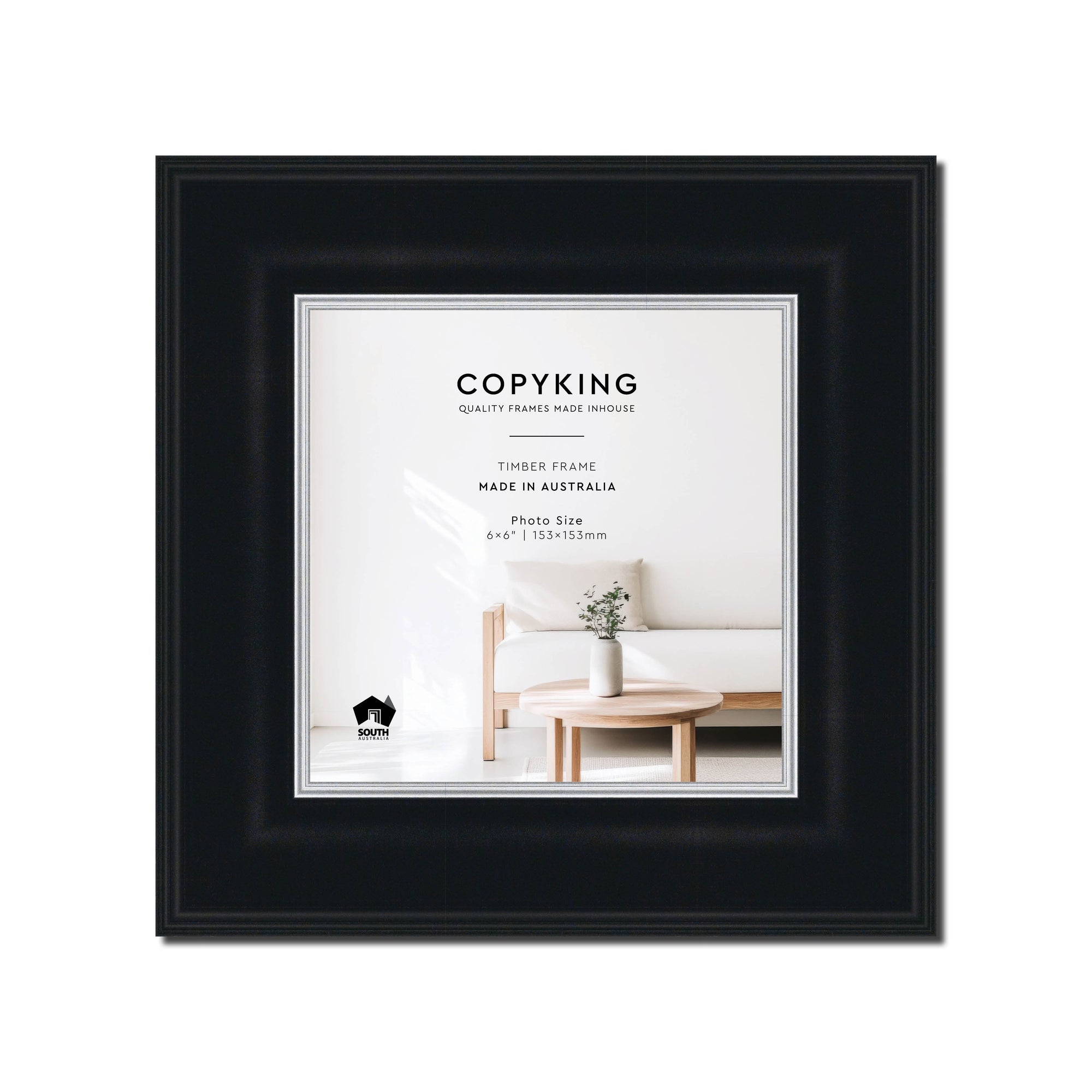 Black/Silver 50mm Wood Square Photo Frame - 6" x 6" (153mm x 153mm)