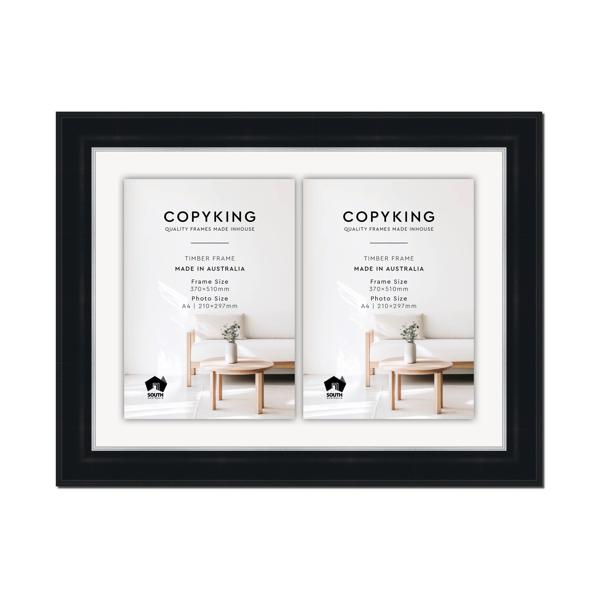 Black/Silver 50mm Wood Certificate Frame - 370mm x 510mm - 2 Certificates (A4)