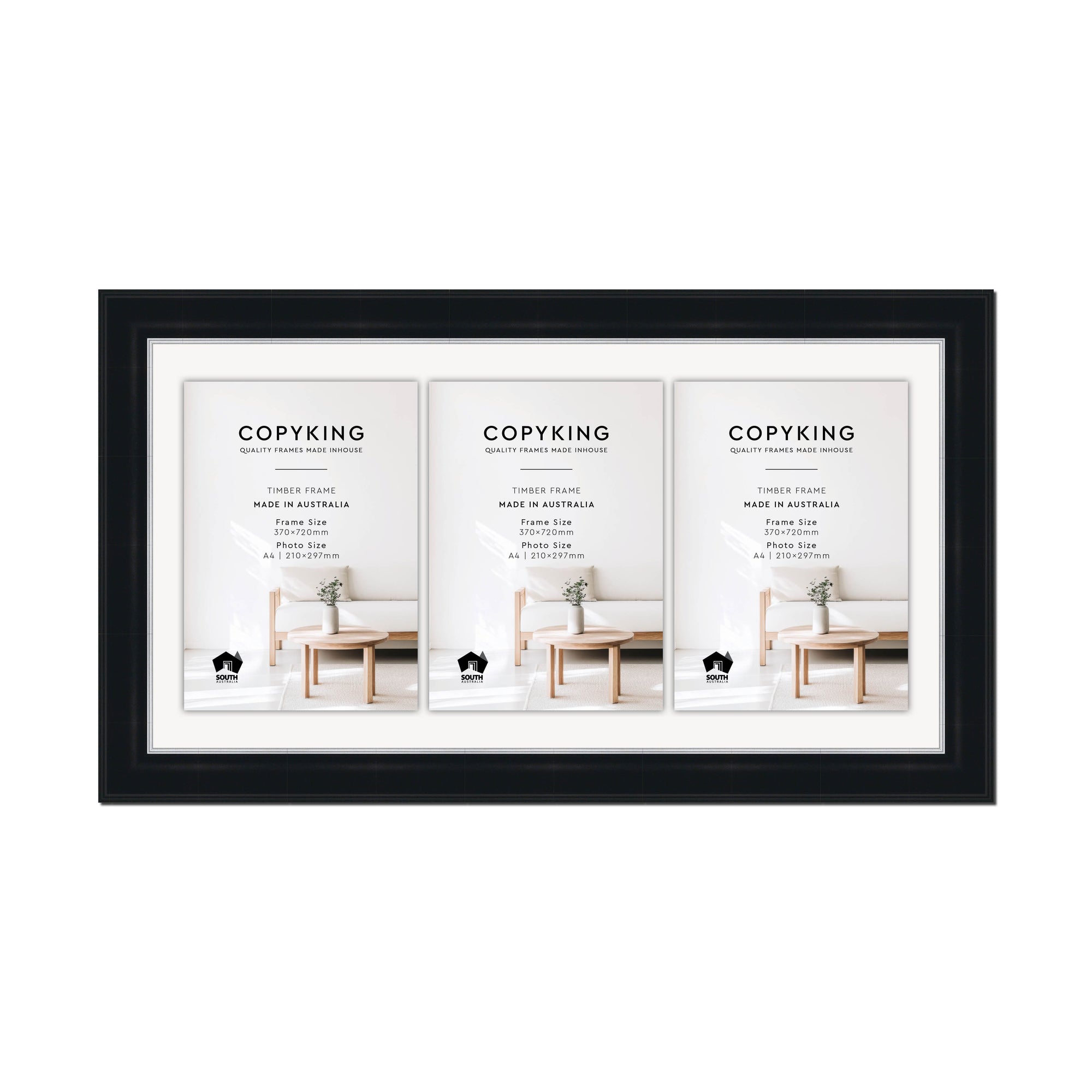 Black/Silver 50mm Wood Certificate Frame - 370mm x 720mm - 3 Certificates (A4)
