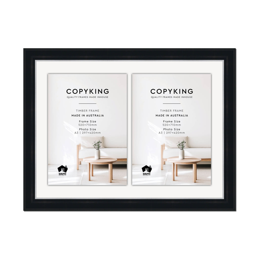 Black/Silver 50mm Wood Certificate Frame - 520mm x 710mm - 2 Certificates (A3)