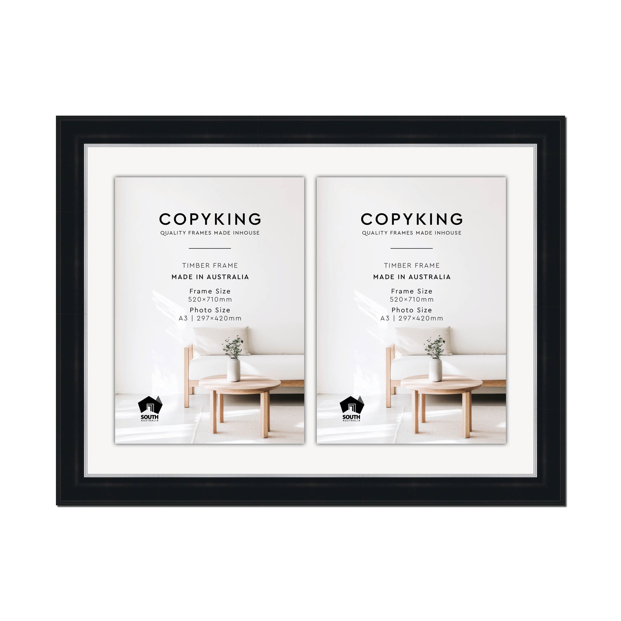 Black/Silver 50mm Wood Certificate Frame - 520mm x 710mm - 2 Certificates (A3)
