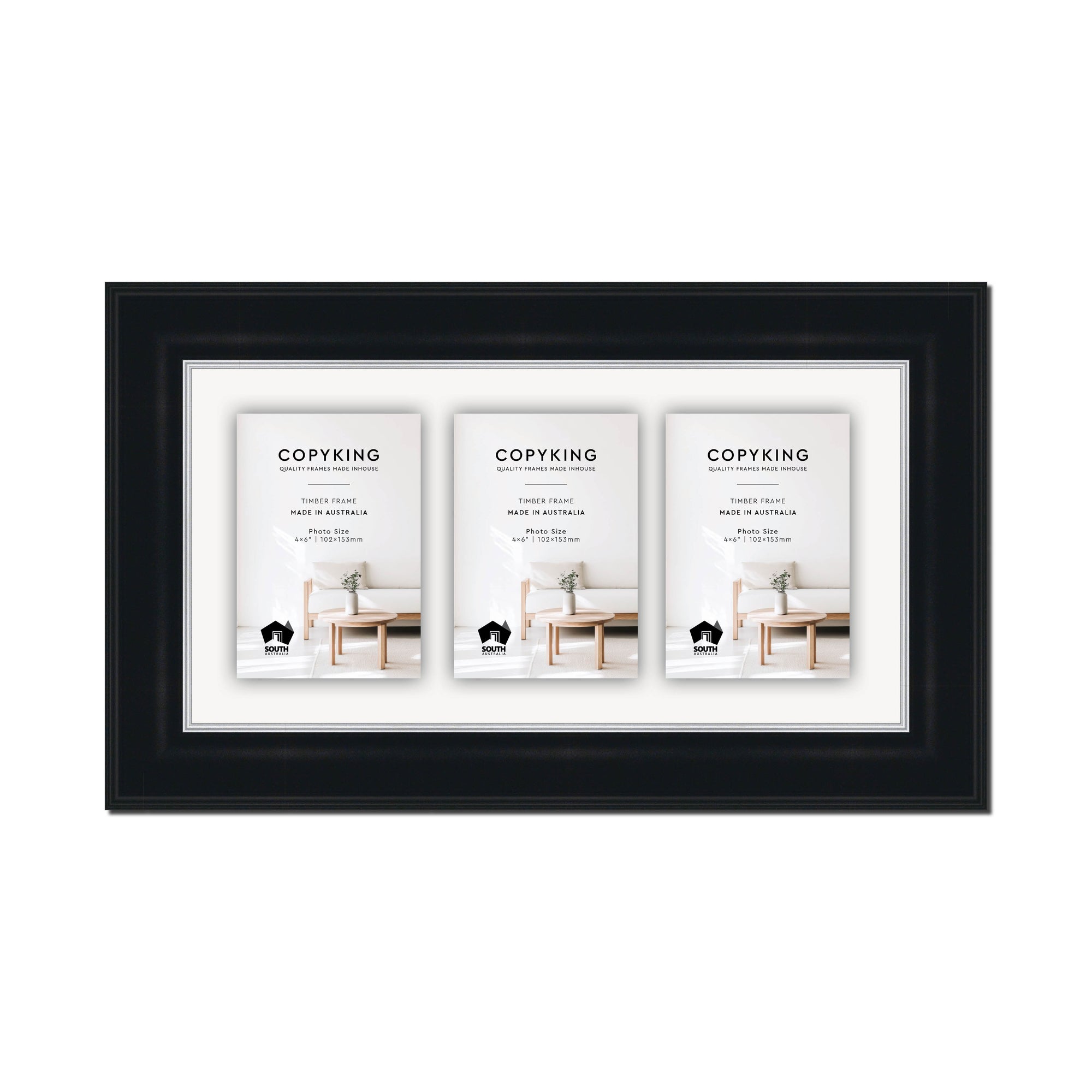 Black/Silver 50mm Wood Collage Photo Frame - 8" x 16" - 3 Photos (4" x 6")
