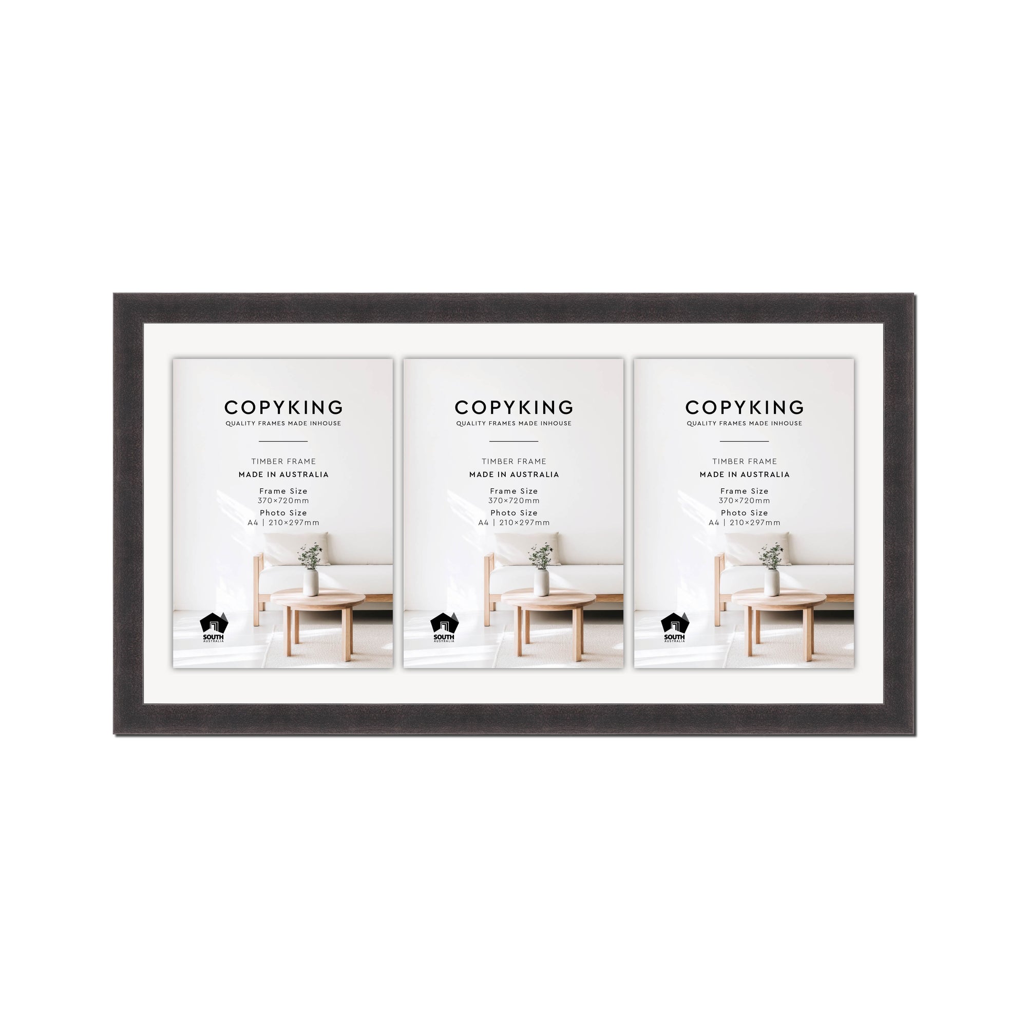 Charcoal 30mm Wood Certificate Frame - 370mm x 720mm - 3 Certificates (A4)