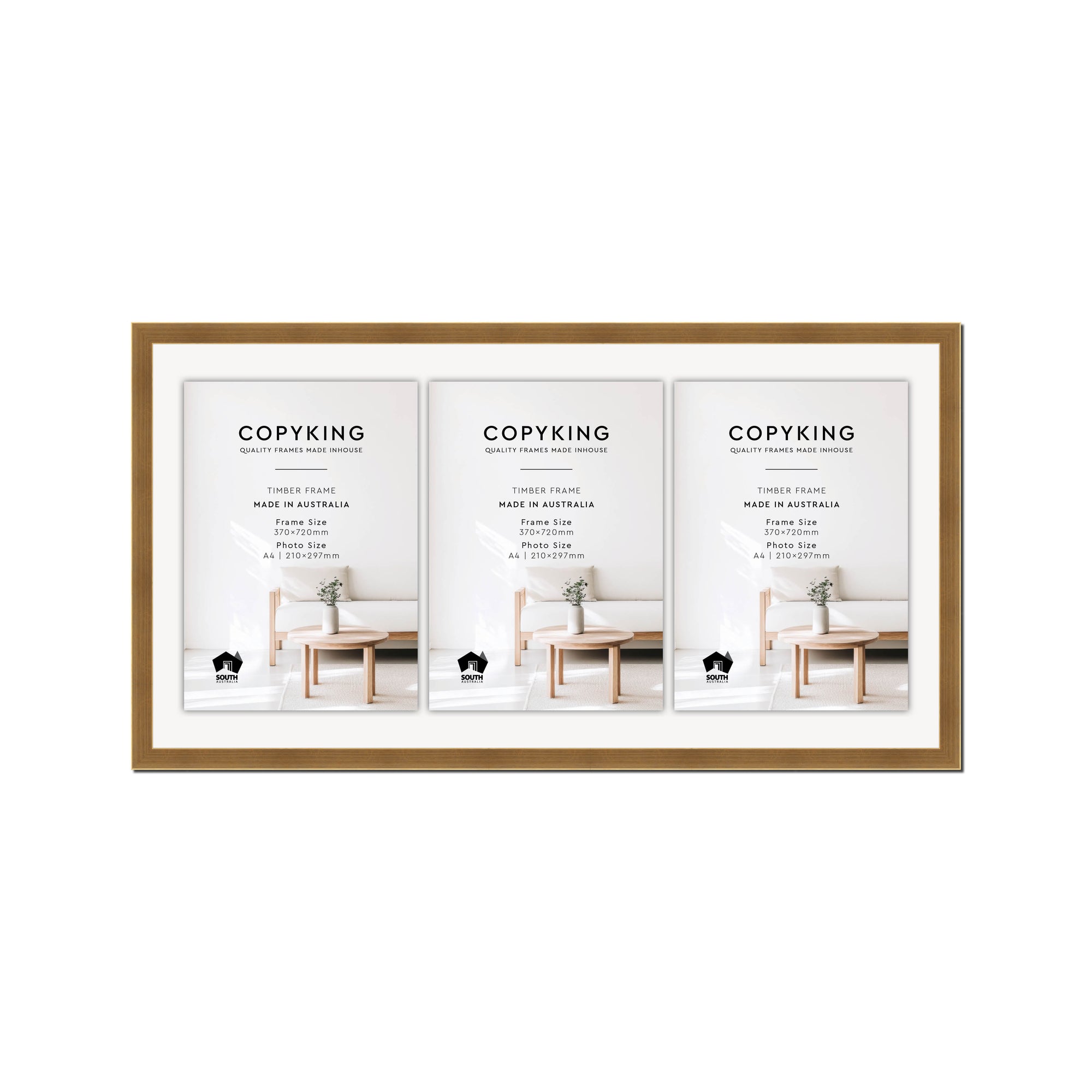 Gold 20mm Wood Certificate Frame - 370mm x 720mm - 3 Certificates (A4)
