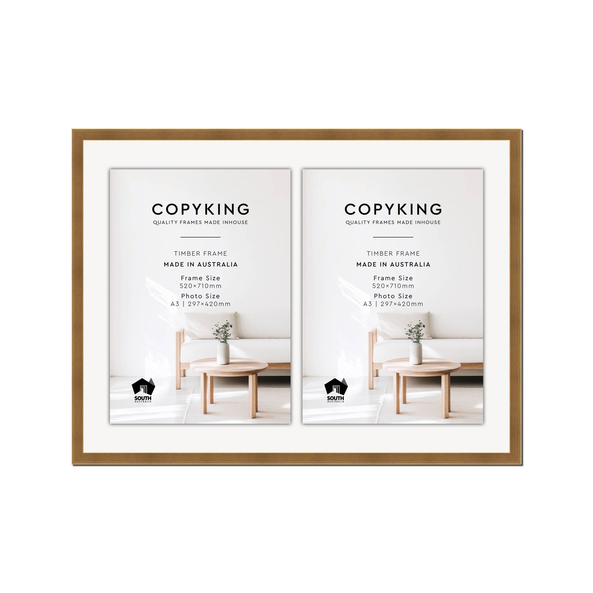 Gold 20mm Wood Certificate Frame - 520mm x 710mm - 2 Certificates (A3)