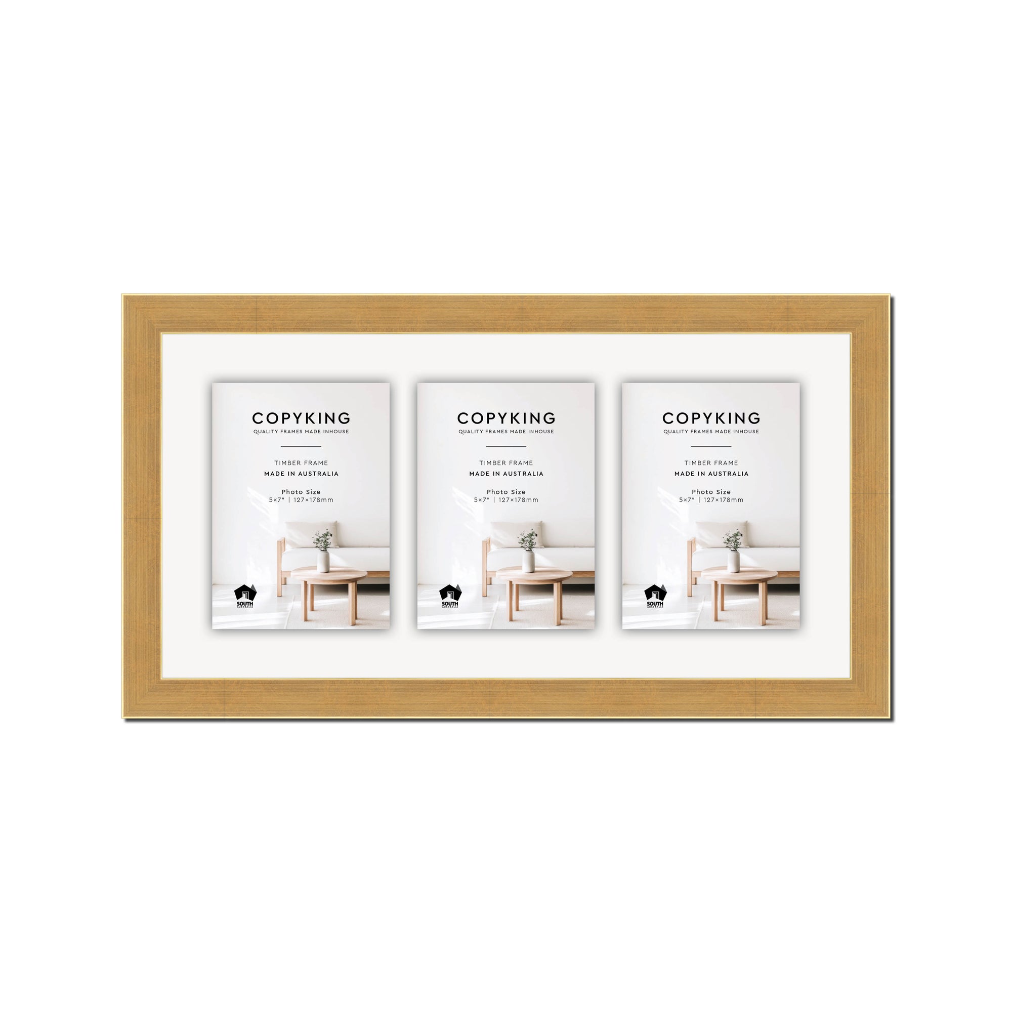 Gold 30mm Wood Collage Photo Frame - 10" x 20" - 3 Photos (5" x 7")