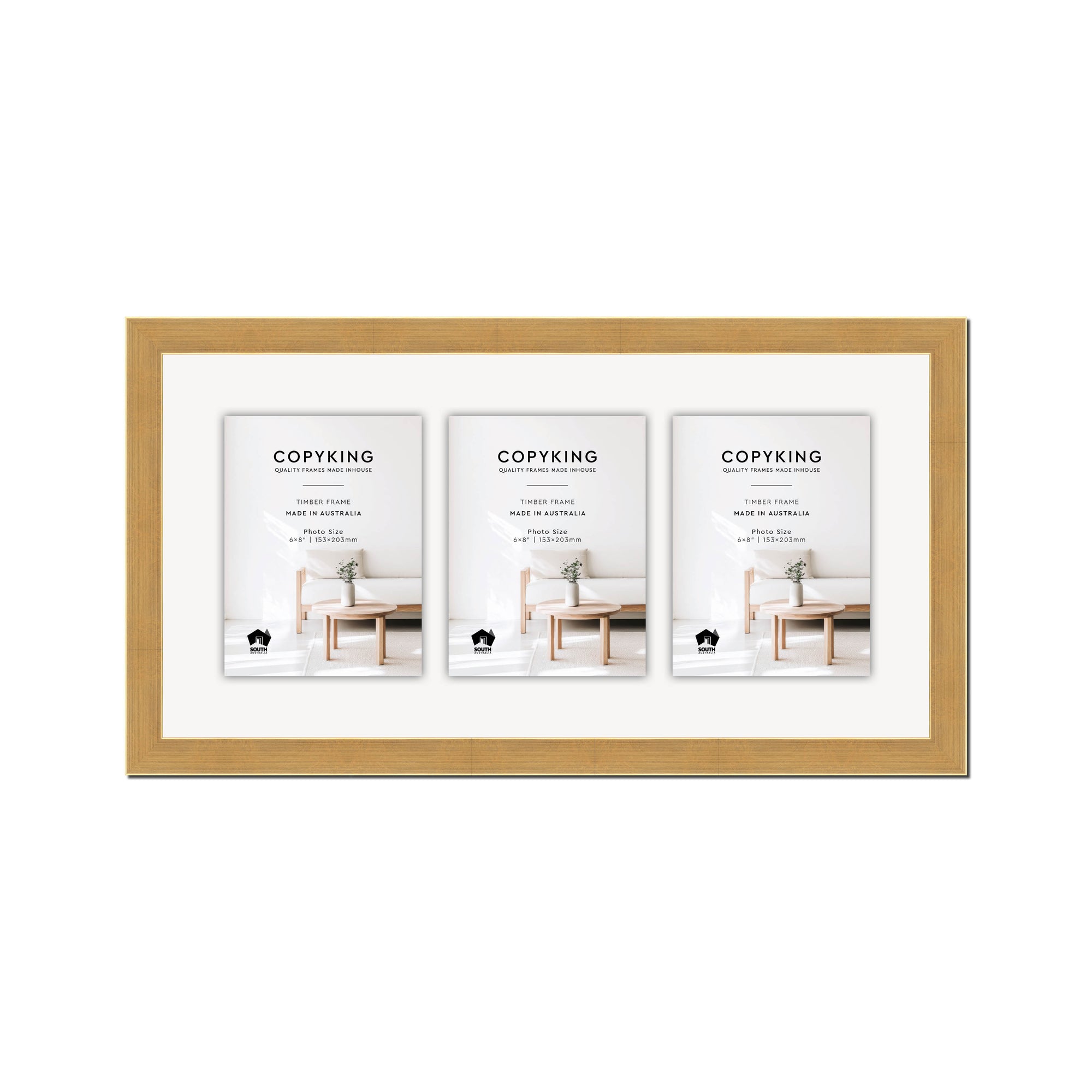 Gold 30mm Wood Collage Photo Frame - 12" x 24" - 3 Photos (6" x 8")