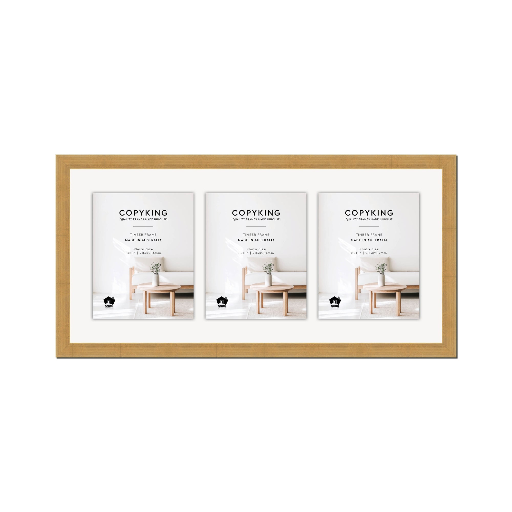 Gold 30mm Wood Collage Photo Frame - 14" x 30" - 3 Photos (8" x 10")