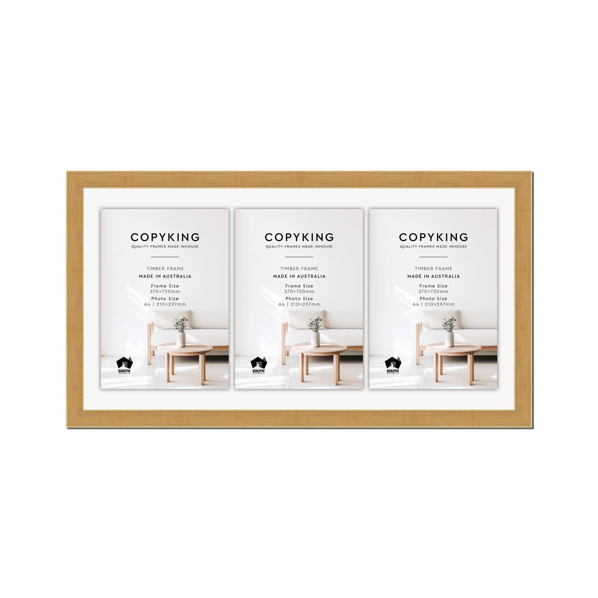 Gold 30mm Wood Certificate Frame - 370mm x 720mm - 3 Certificates (A4)