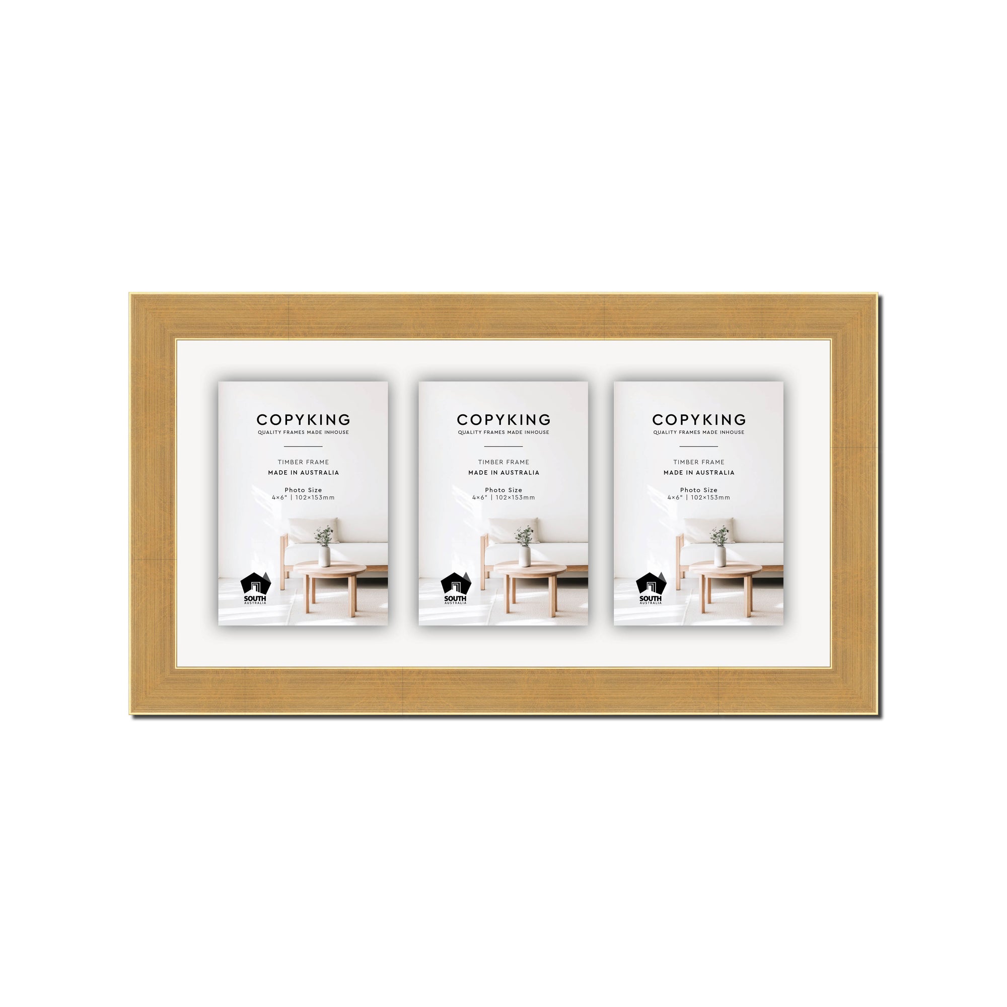 Gold 30mm Wood Collage Photo Frame - 8" x 16" - 3 Photos (4" x 6")