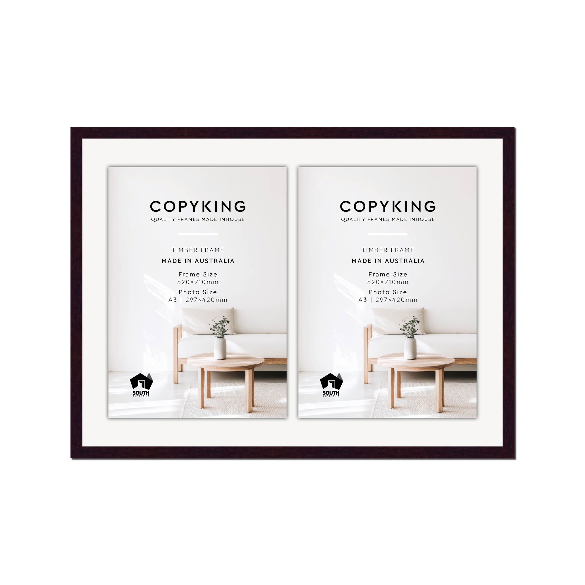 Mahogany 20mm Wood Certificate Frame - 520mm x 710mm - 2 Certificates (A3)